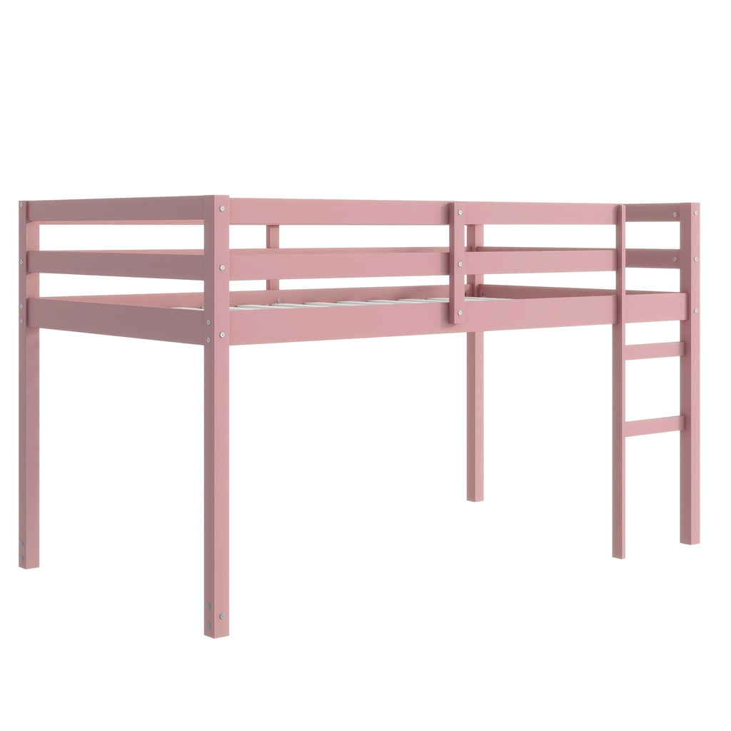 Solid Wooden, Rubber Wooden Twin Loft Bed with Ladder, Bed Platform of Strengthened Slats, Pink