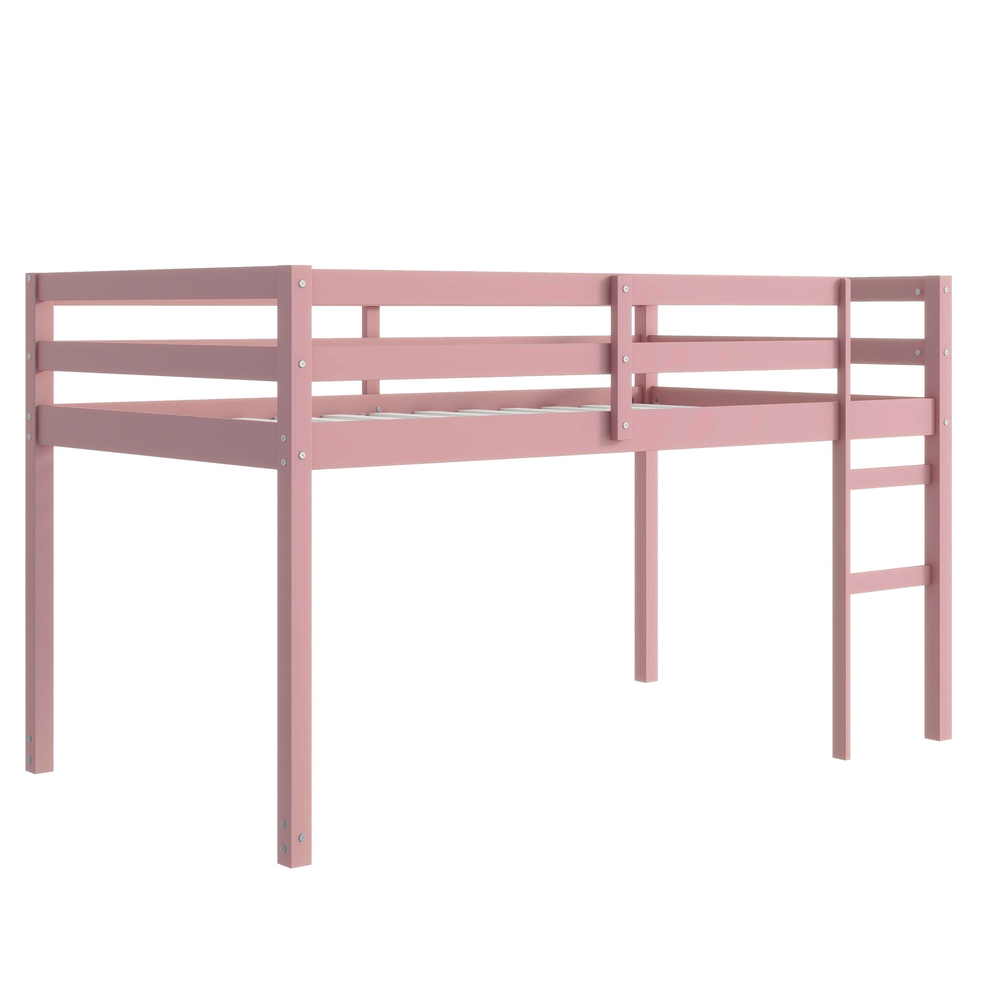 Solid Wooden, Rubber Wooden Twin Loft Bed with Ladder, Bed Platform of Strengthened Slats, Pink
