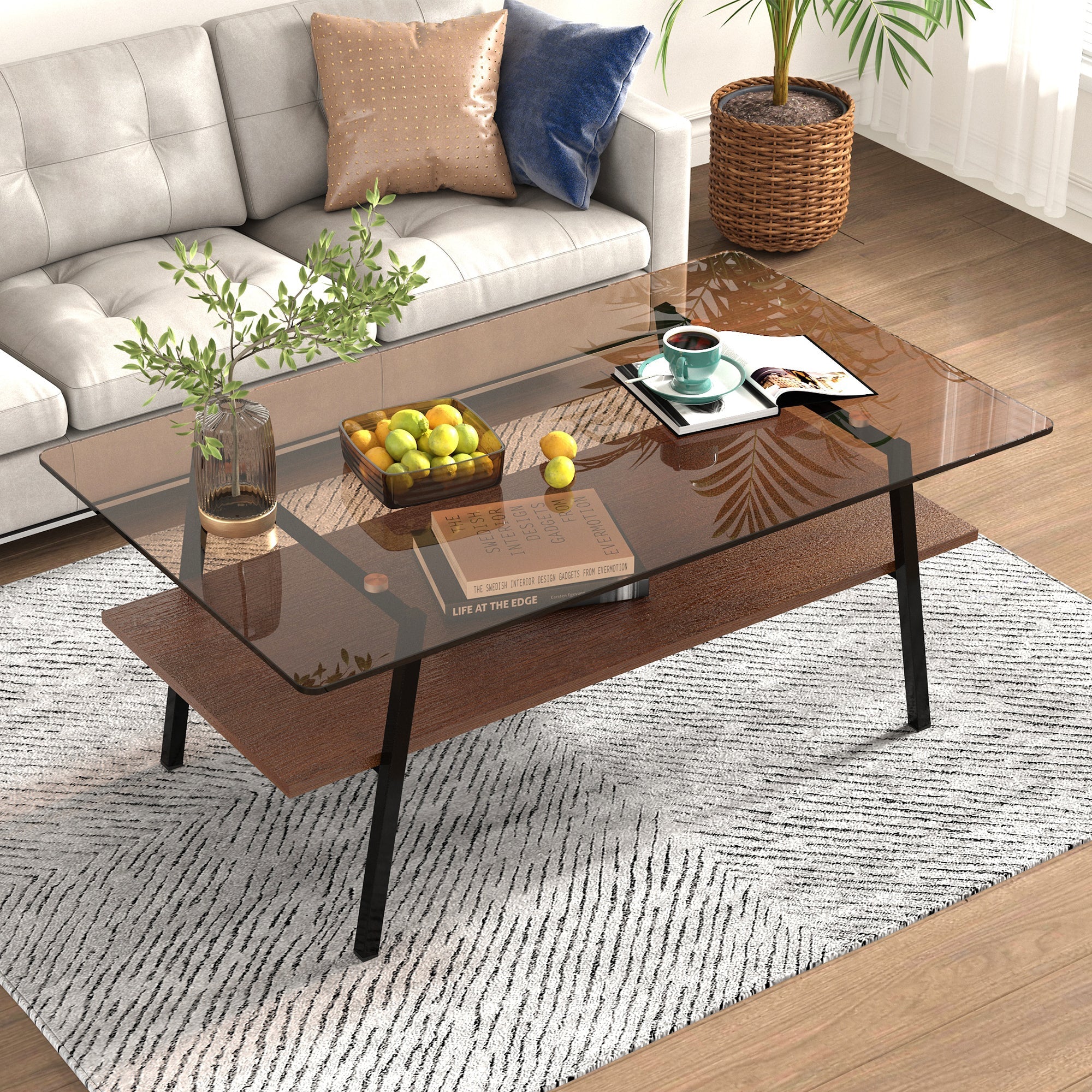 Rectangle Coffee Table, Tempered Glass Tabletop with Black Metal Legs, Modern Table for Living Room , Brown Glass