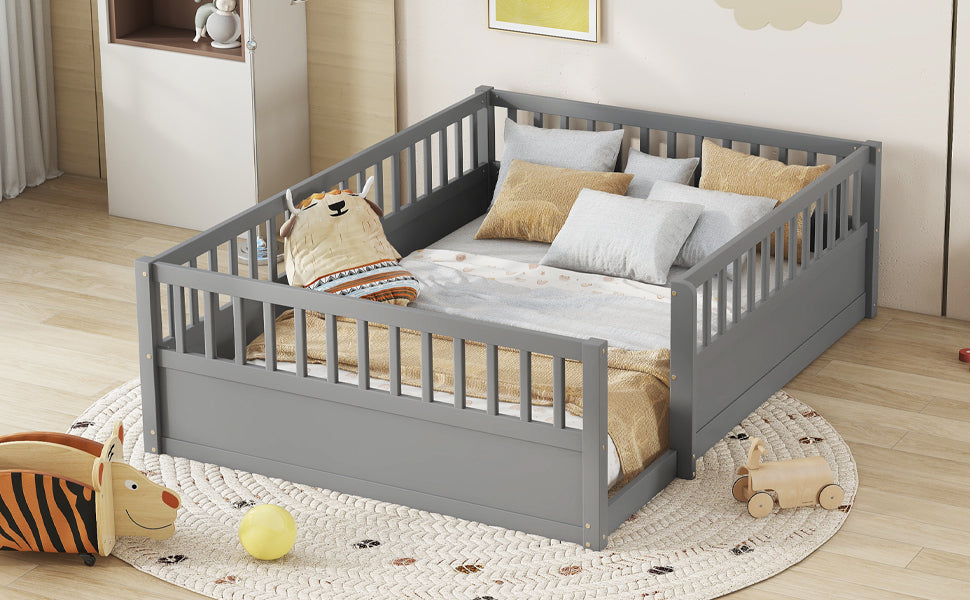 Full Floor Bed Frame with Fence, Montessori wooden children's floor bed,Wood Kids Floor Beds Frame for Bedroom Playroom,Gray