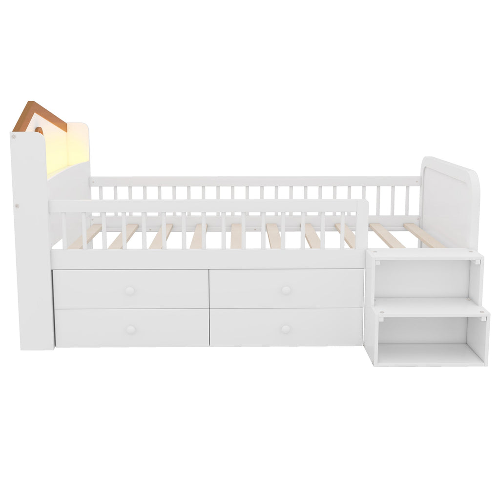 Low Loft Bed with LED Lights, Wooden Twin Loft Bed with House Shape Headboard, Kids Loft Bed with Storage Drawers, White (Expect Arrival Date 2025/1/20)