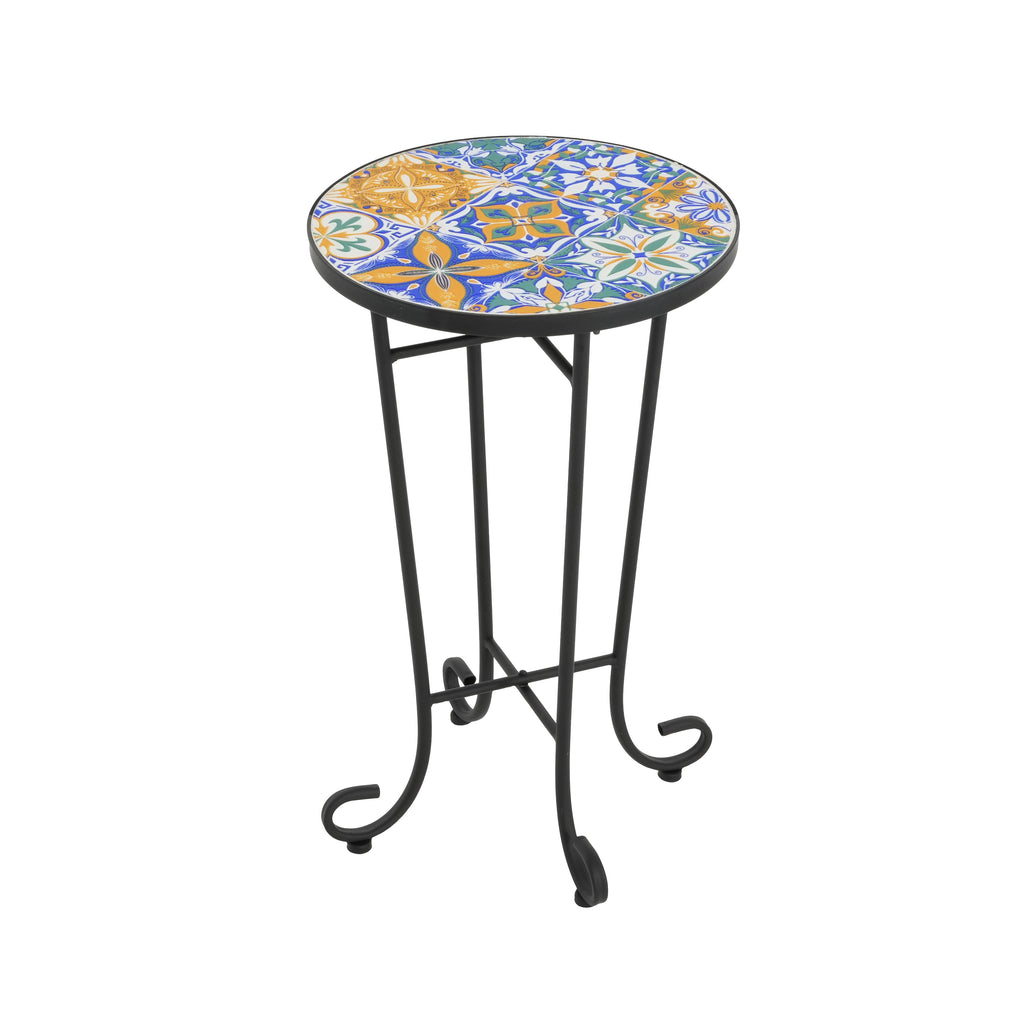 Vibrant French Country Patio Side Table with Colorful Ceramic Tile and Black Iron Frame
