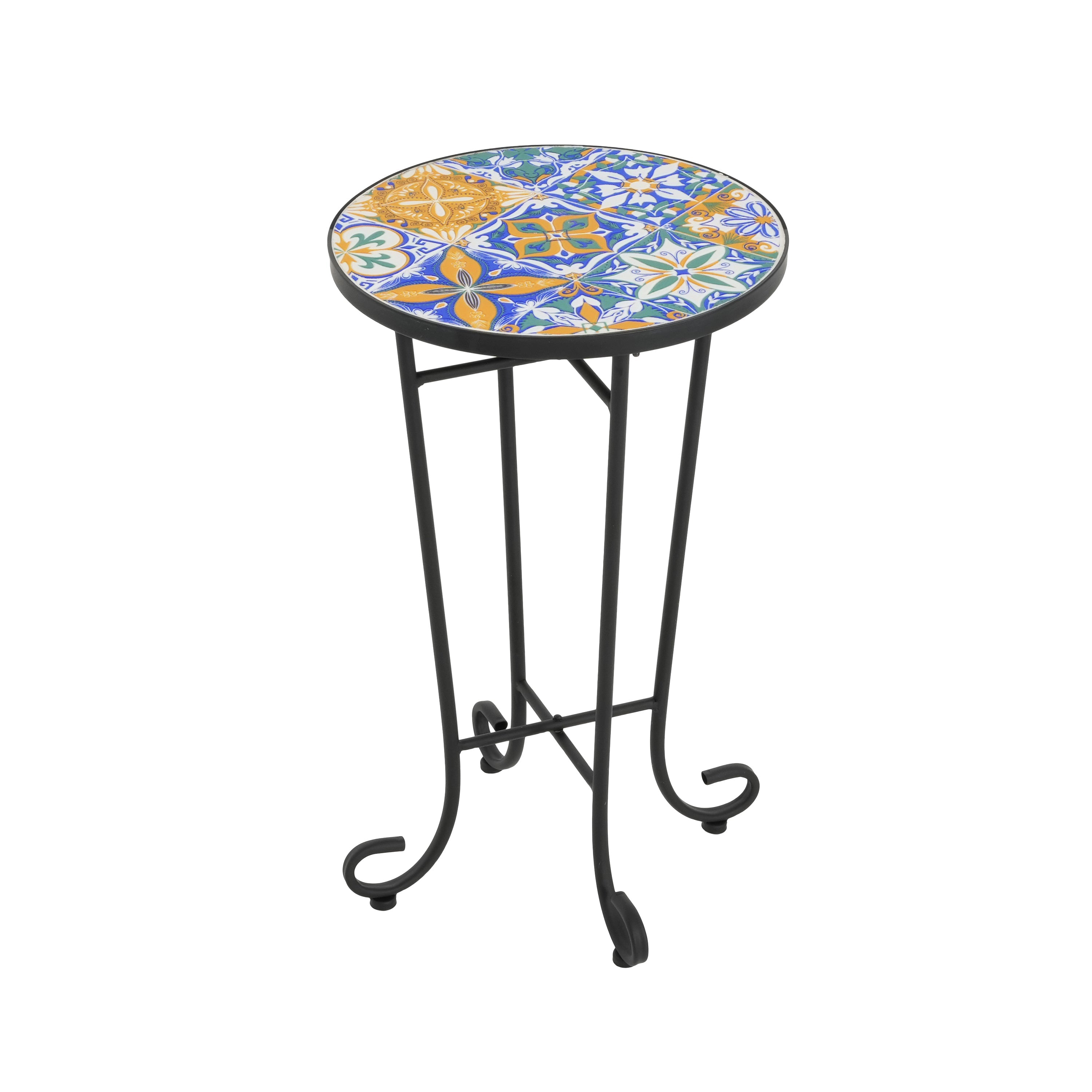 Vibrant French Country Patio Side Table with Colorful Ceramic Tile and Black Iron Frame