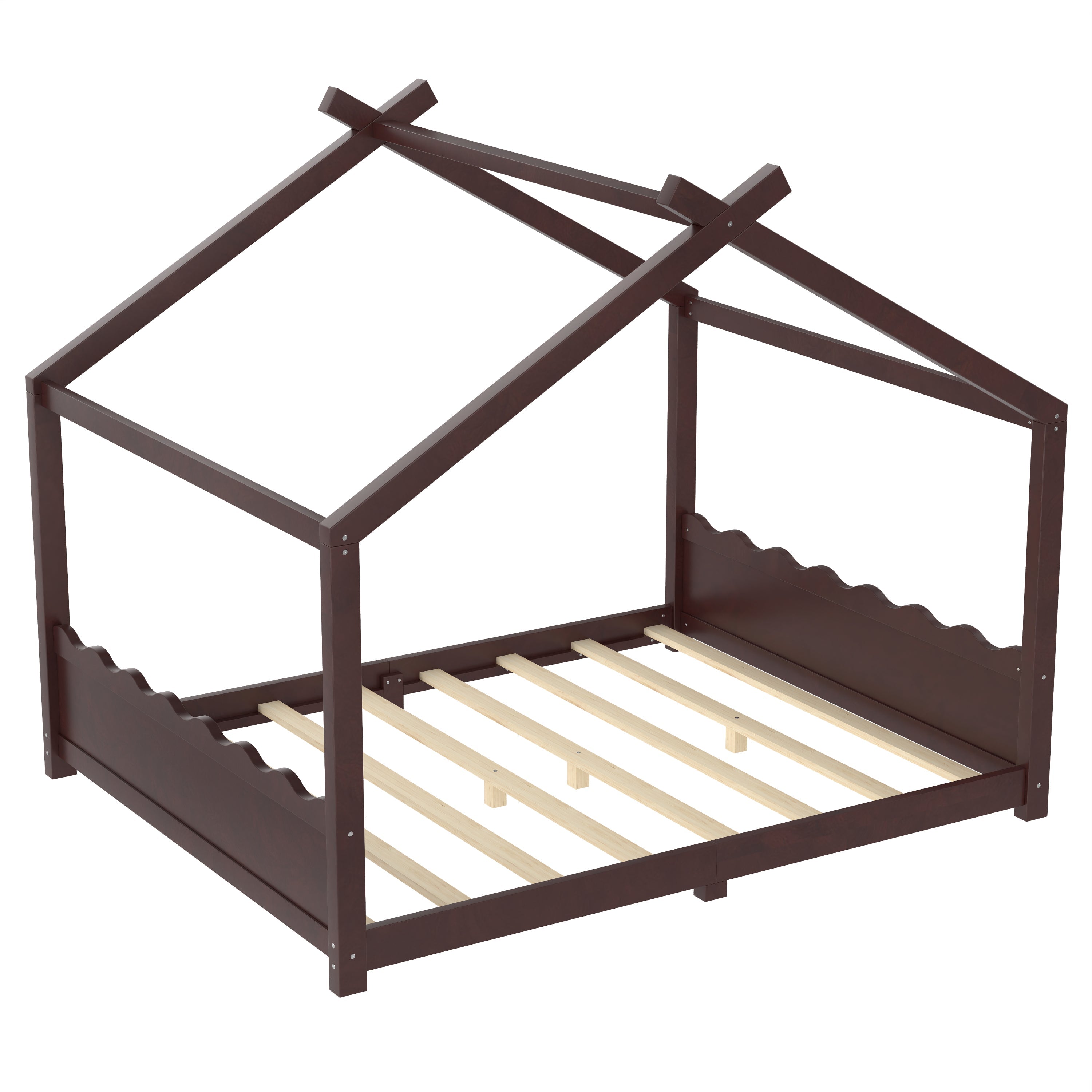 Queen House Floor Bed with Support Slats, Solid Wood House Bed Frame for Kids, No Box Spring Needed and Opening Constructure, Espresso
