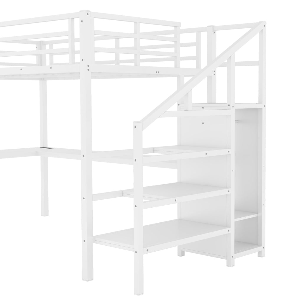 Full Size Loft Bed with L-shaped Desk and USB, Metal Loft Bed with Wardrobe and Adjustable Shelf, High Loft Bed with LED for Kids Teens Adults, White