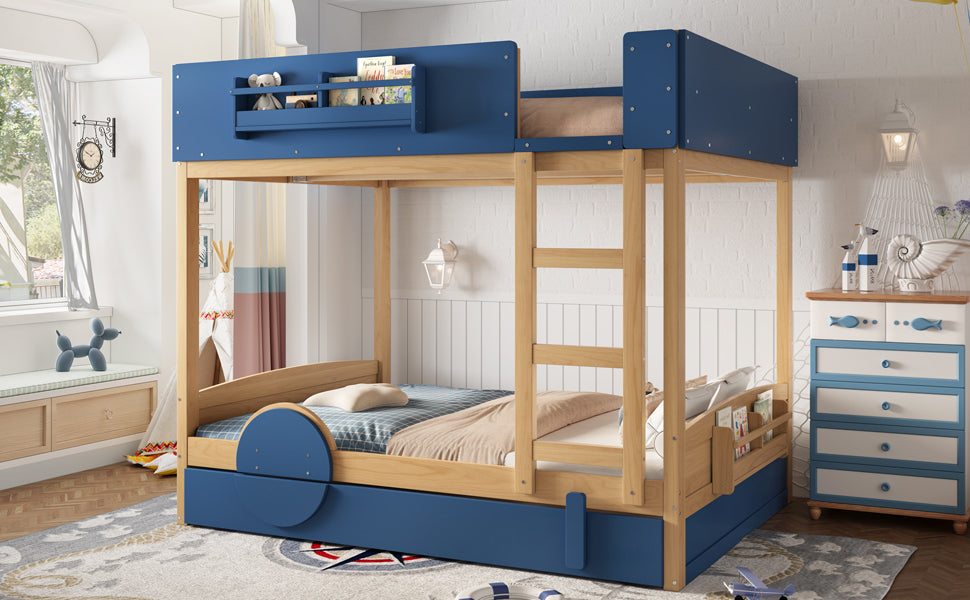 Full Bunk Bed with Trundle , Wood Bunk Bed Frame with Built-inBookshelf and High-quality Safety Guardrail,Automobile Form Design for Kids ,Blue＆Natural.