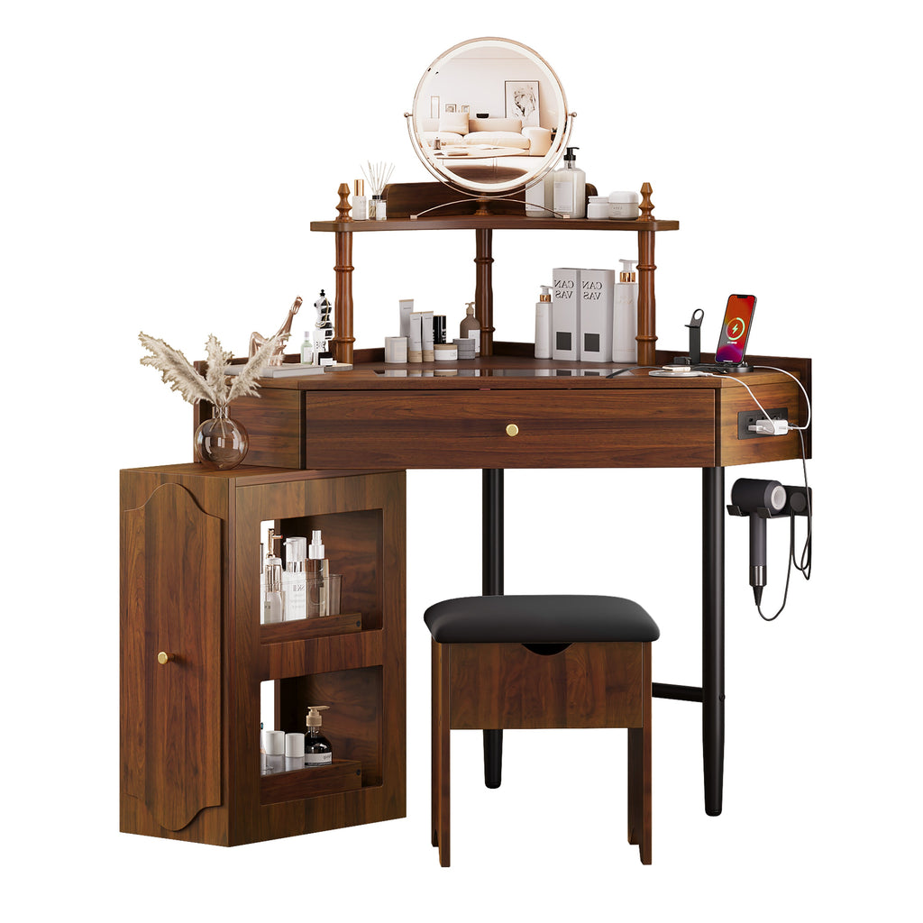 Corner Vanity Desk Set with Storage Cushioned Stool and Charging Station, Triangle Makeup Desk with Removable Pull-Out Side Cabinet, Glass Tabletop Makeup Vanity Desk with Drawer and Shelf, Walnut