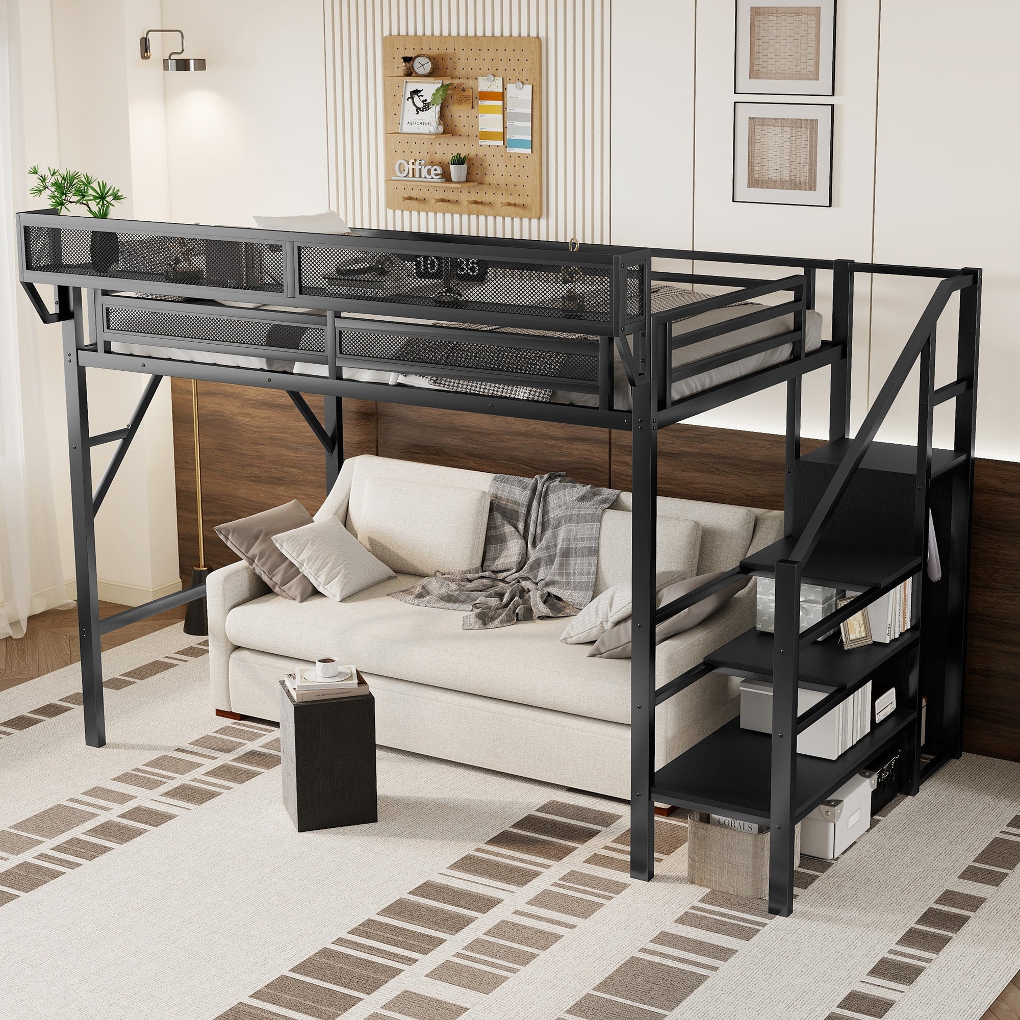Twin XL Size Loft Bed with Stairs, Metal Full Loft Bed with Storage Shelves, High Loft Bed with Wardrobe for Kids Teens, Black(Expect Arrival Date 2025/10/14)