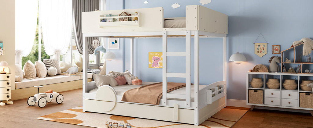 Queen Bunk Bed with Trundle , Wood Bunk Bed Frame with Built-in Bookshelf and High-quality Safety Guardrail,Automobile Form Design for Kids ,White＆ Beige.