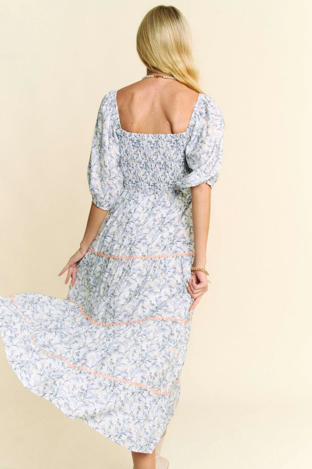 Davi & Dani Contrast Ric Smocking Bodice Tiered Midi Dress