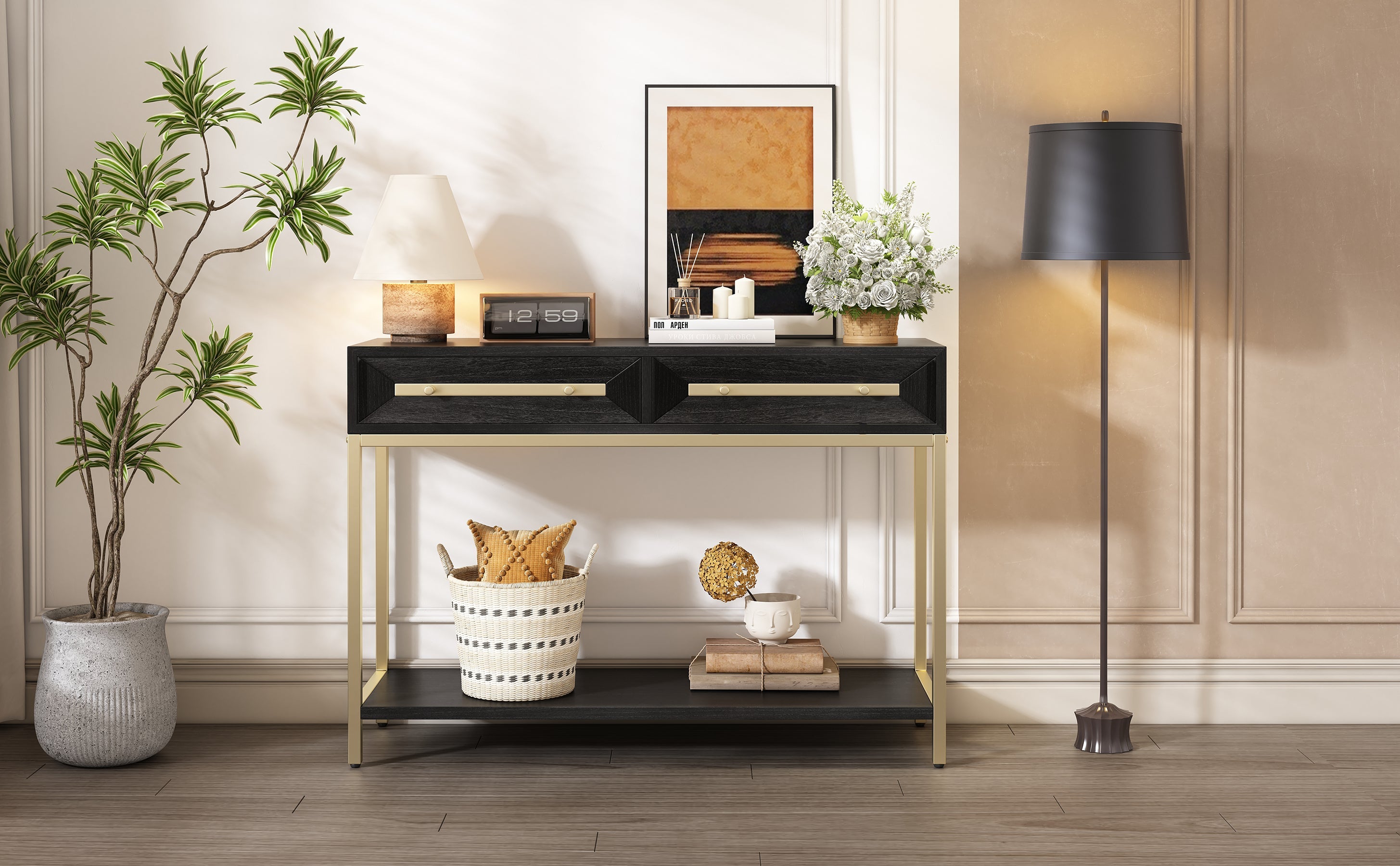 TREXM Entryway Table, Console Table with Two Drawers, Retro Hallway Table with Striking Geometric Design for Entryway and Living Room (Black)