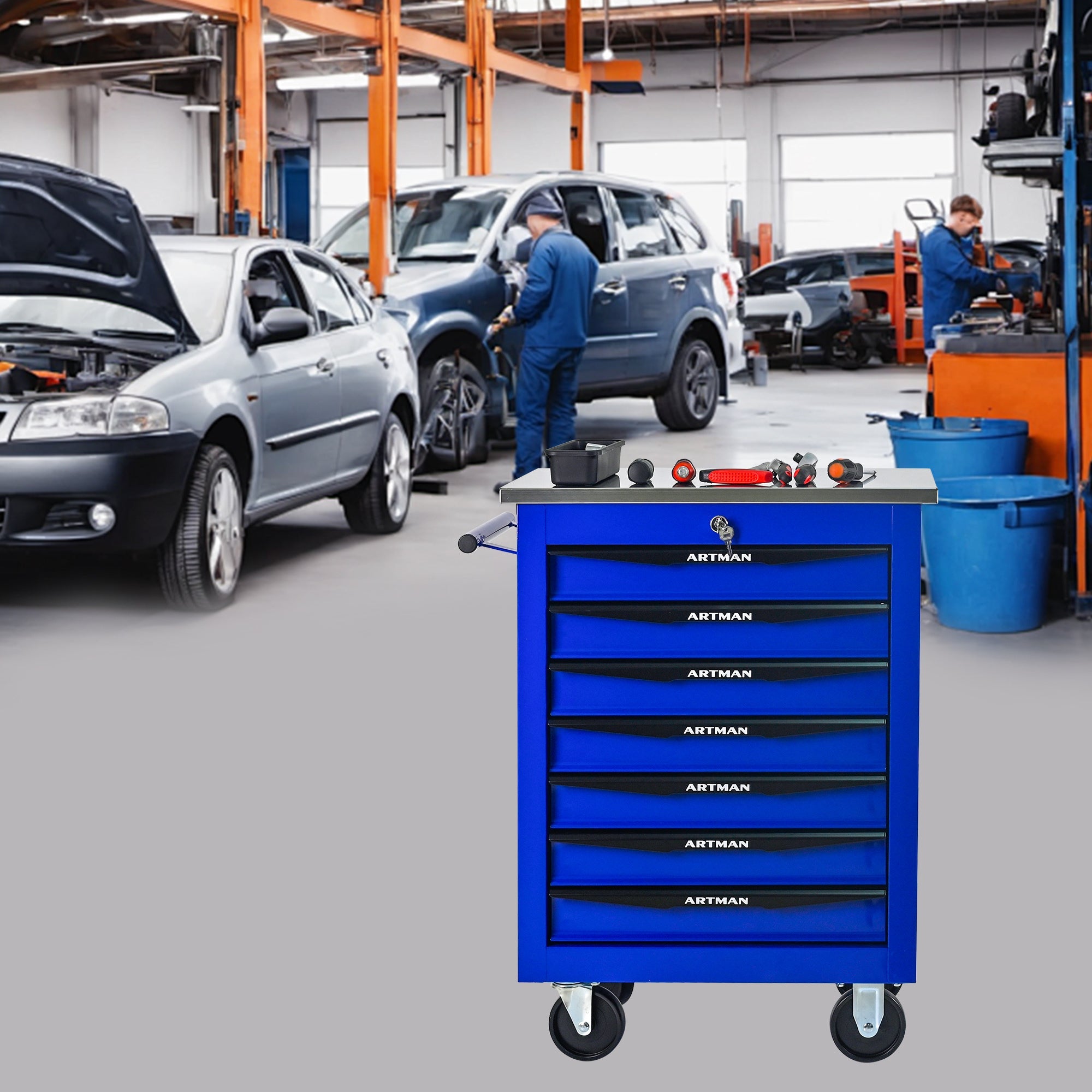 7 Drawers Multifunctional Tool Cart with Wheels,Metal Rolling Tool Cart Storage for Garage Workshop Warehouse Repair Shop--With Stainless Steel Roof- BLACK&BLUE