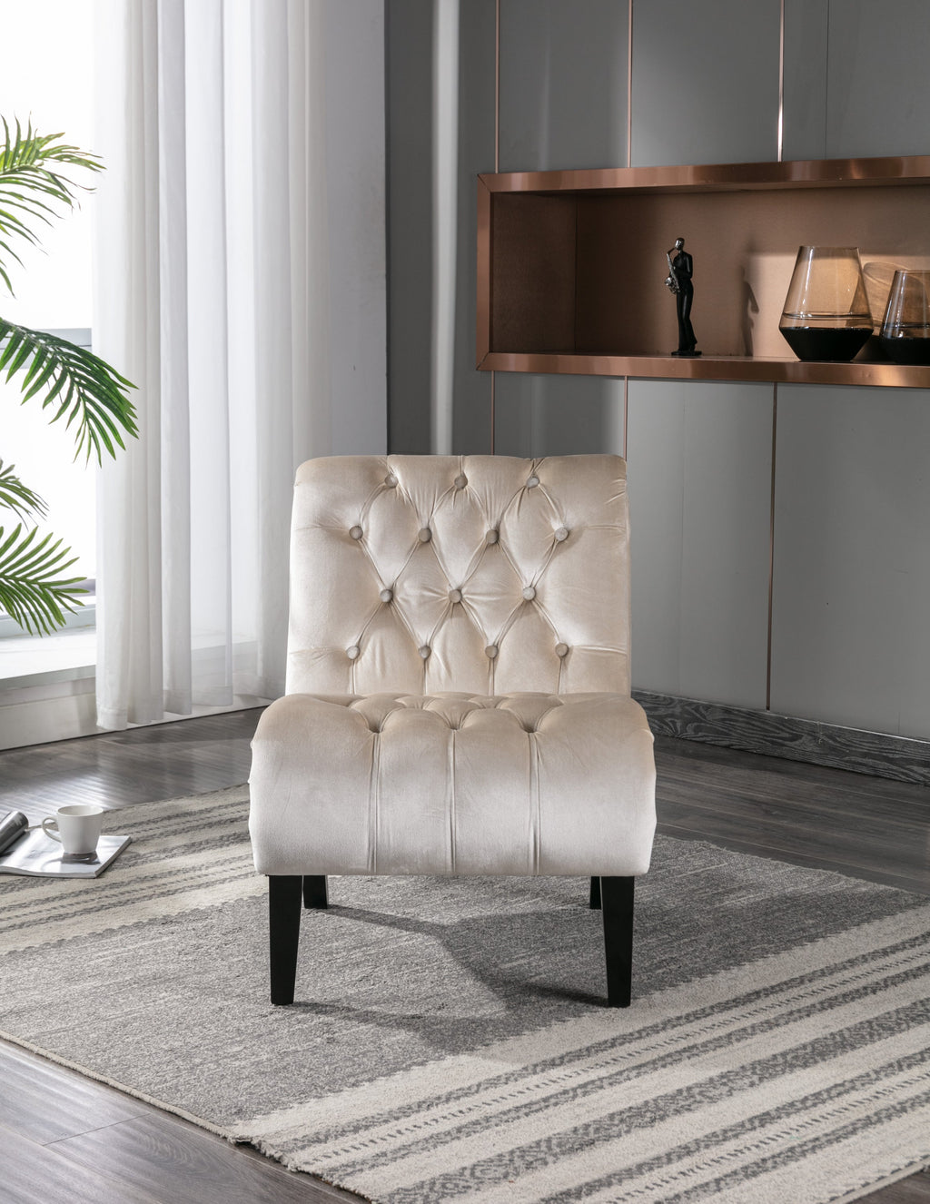 COOLMORE Modern Velvet Armless Accent Living Room Chair / Leisure Chair,Upholstered Fabric Button Comfortable Chair with Wooden Legs for Bedroom, Living Room, Office (Beige Velvet)