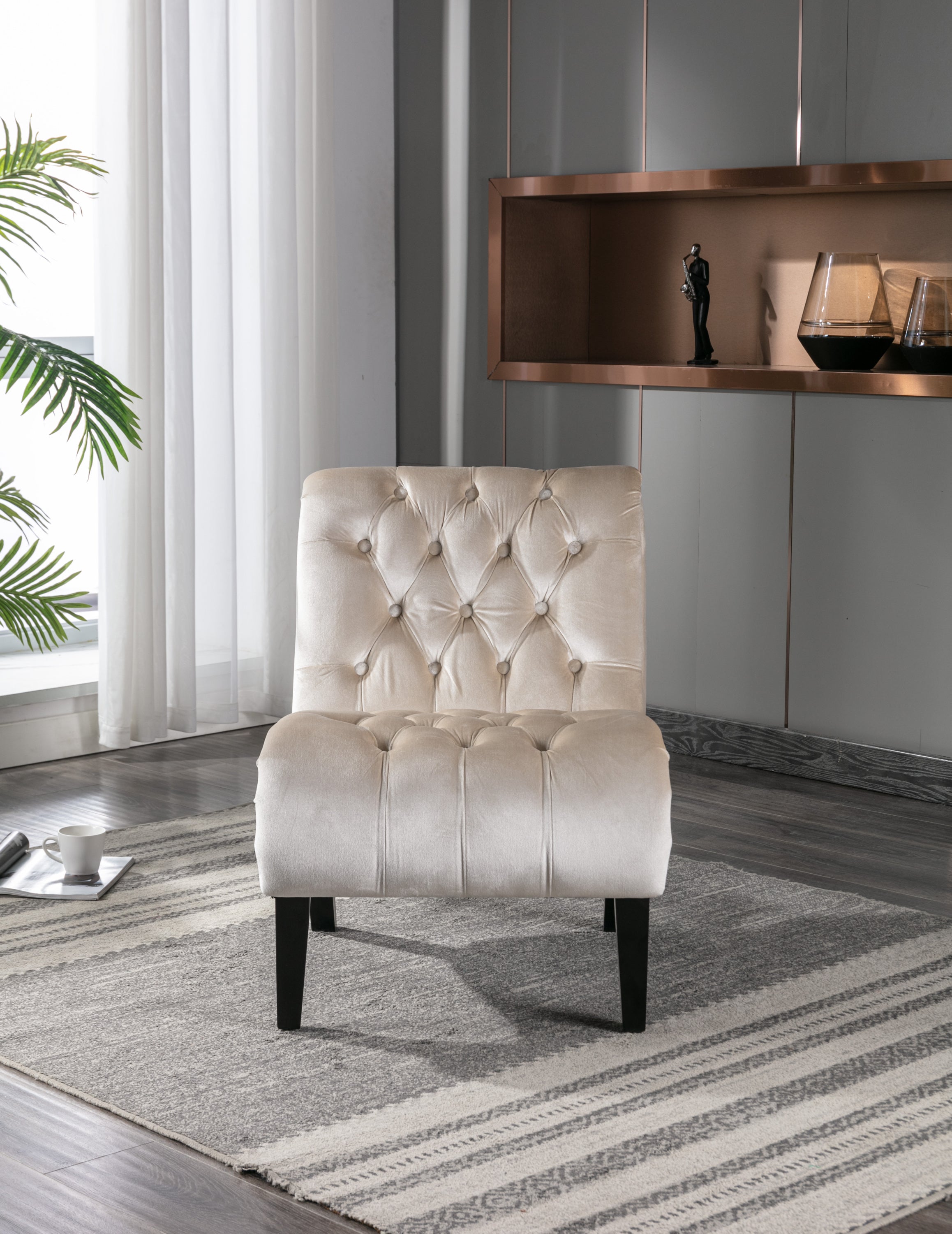 COOLMORE Modern Velvet Armless Accent Living Room Chair / Leisure Chair,Upholstered Fabric Button Comfortable Chair with Wooden Legs for Bedroom, Living Room, Office (Beige Velvet)