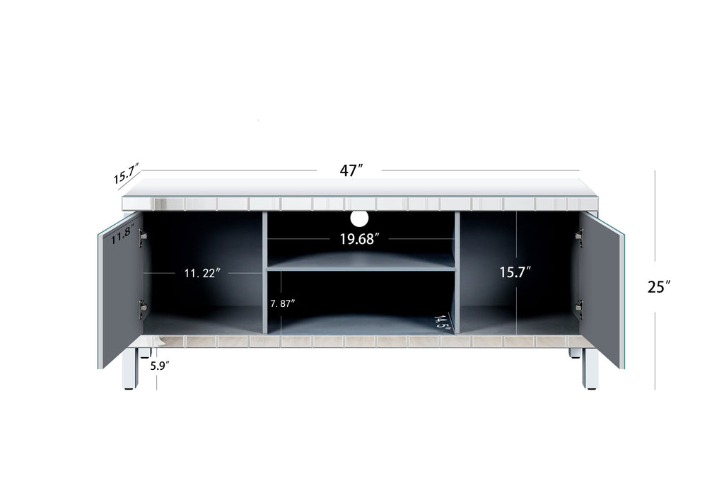 47 Inch Mirror TV Media Console with Diamond Glass Doors, Dual Door Design with Open Storage Space, Compatible with 50-Inch TVs, Modern Decor for Living Room & Bedroom