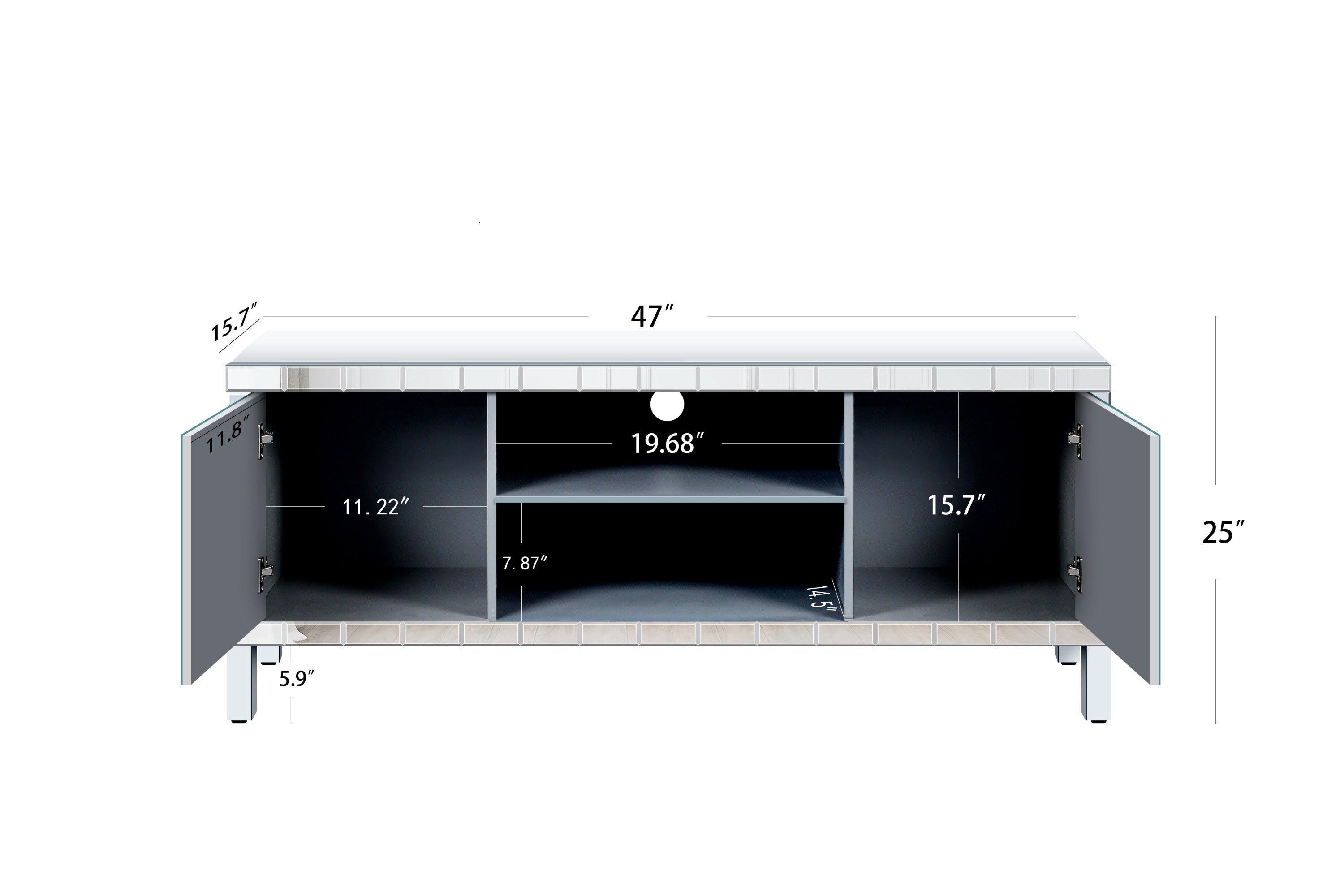 47 Inch Mirror TV Media Console with Diamond Glass Doors, Dual Door Design with Open Storage Space, Compatible with 50-Inch TVs, Modern Decor for Living Room & Bedroom