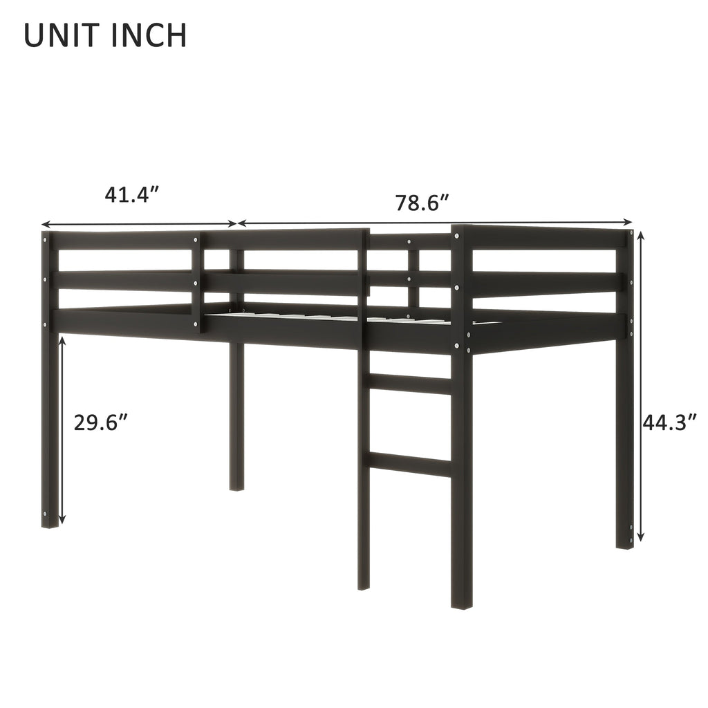 Solid Wooden, Rubber Wooden Twin Loft Bed with Ladder, Bed Platform of Strengthened Slats , Black
