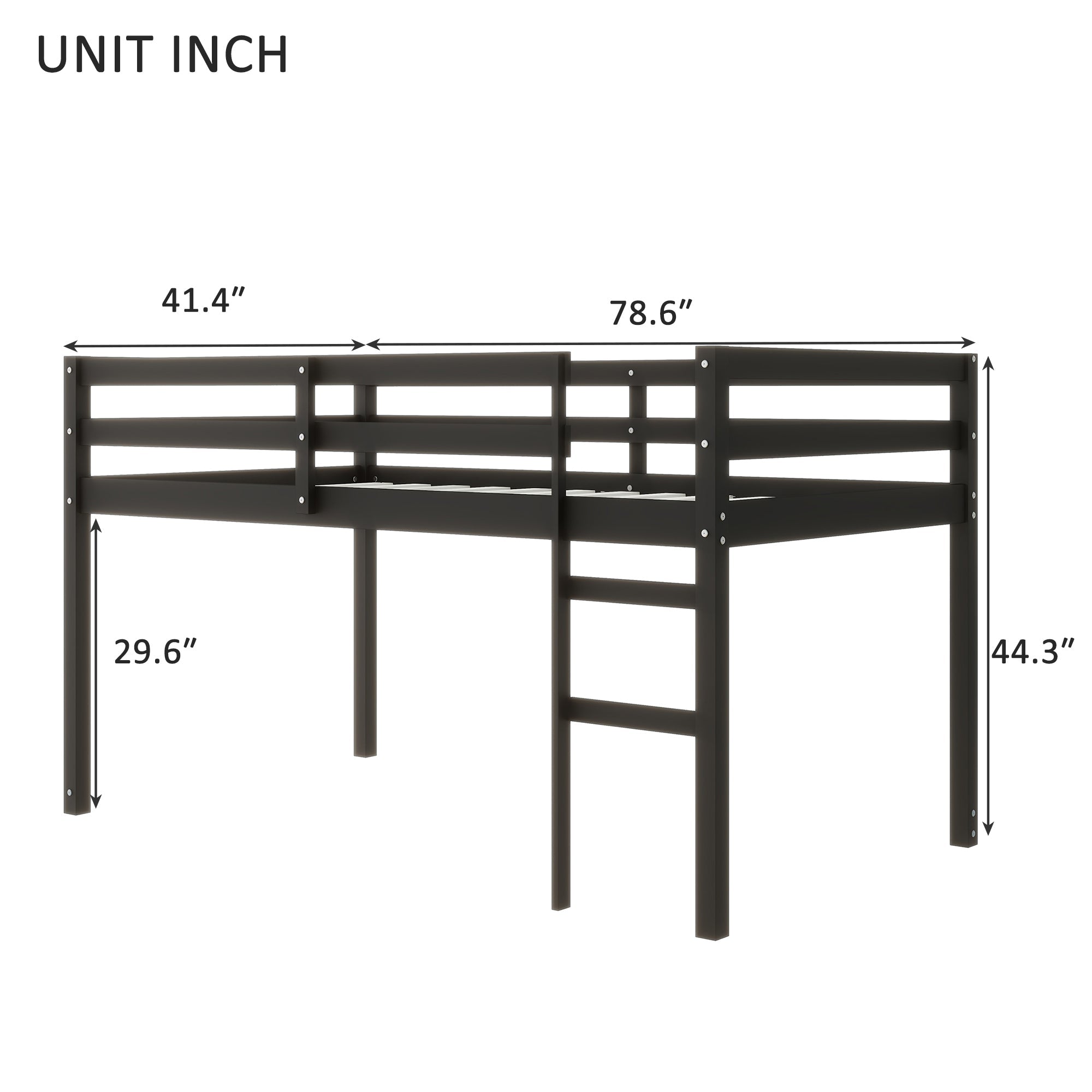 Solid Wooden, Rubber Wooden Twin Loft Bed with Ladder, Bed Platform of Strengthened Slats , Black