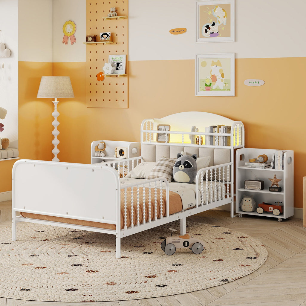 Twin Size Metal Platform Bed Frame with Light, Kids Twin Metal Bed with Upholstered and Pull Out Storage Shelves, White (Expect Arrival Date 2025/10/5)