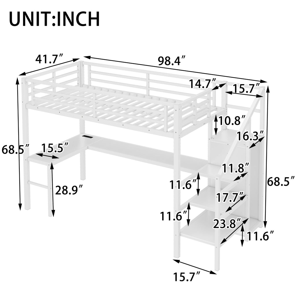 Twin XL Size Loft Bed with L-shaped Desk and USB, Metal Loft Bed with Wardrobe and Adjustable Shelf, High Loft Bed with LED for Kids Teens Adults, White
