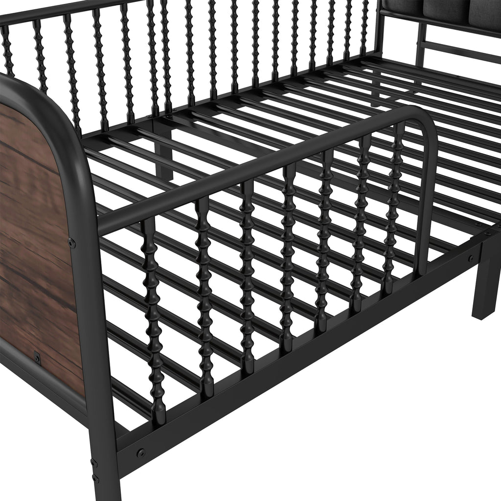 Twin Size Metal Platform Bed Frame with Light, Kids Twin Metal Bed with Upholstered and Pull Out Storage Shelves, Black (Expect Arrival Date 2025/10/5)