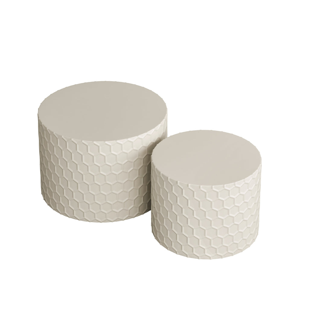 Stylish and Minimalist Nesting Coffee Table Set with Honeycomb Design, Modern Round Coffee Table, Drum Circle Coffee Table  for Living Room, Bedroom, Beige(Set of 2 Pieces)