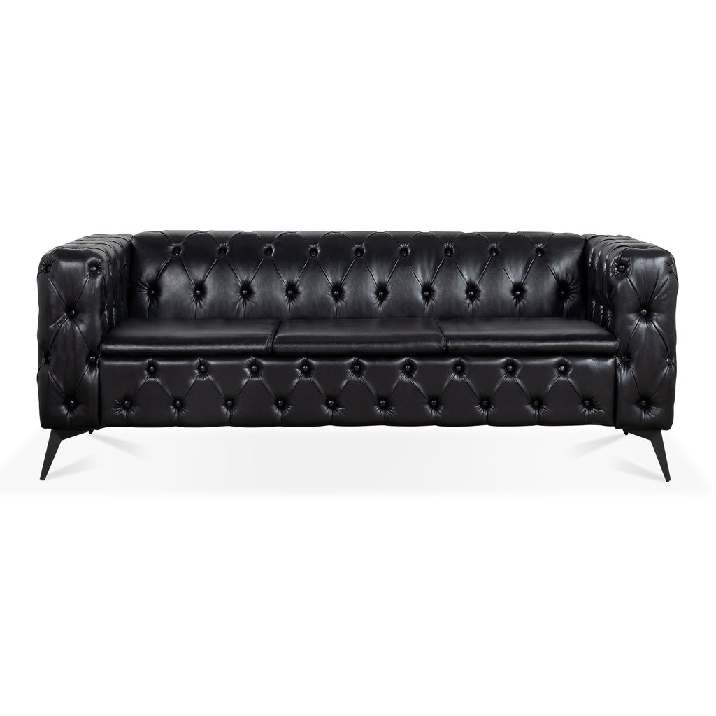 Traditional Square Arm Sofa with Removable Cushions in Black PU, 84.06 Inch Width