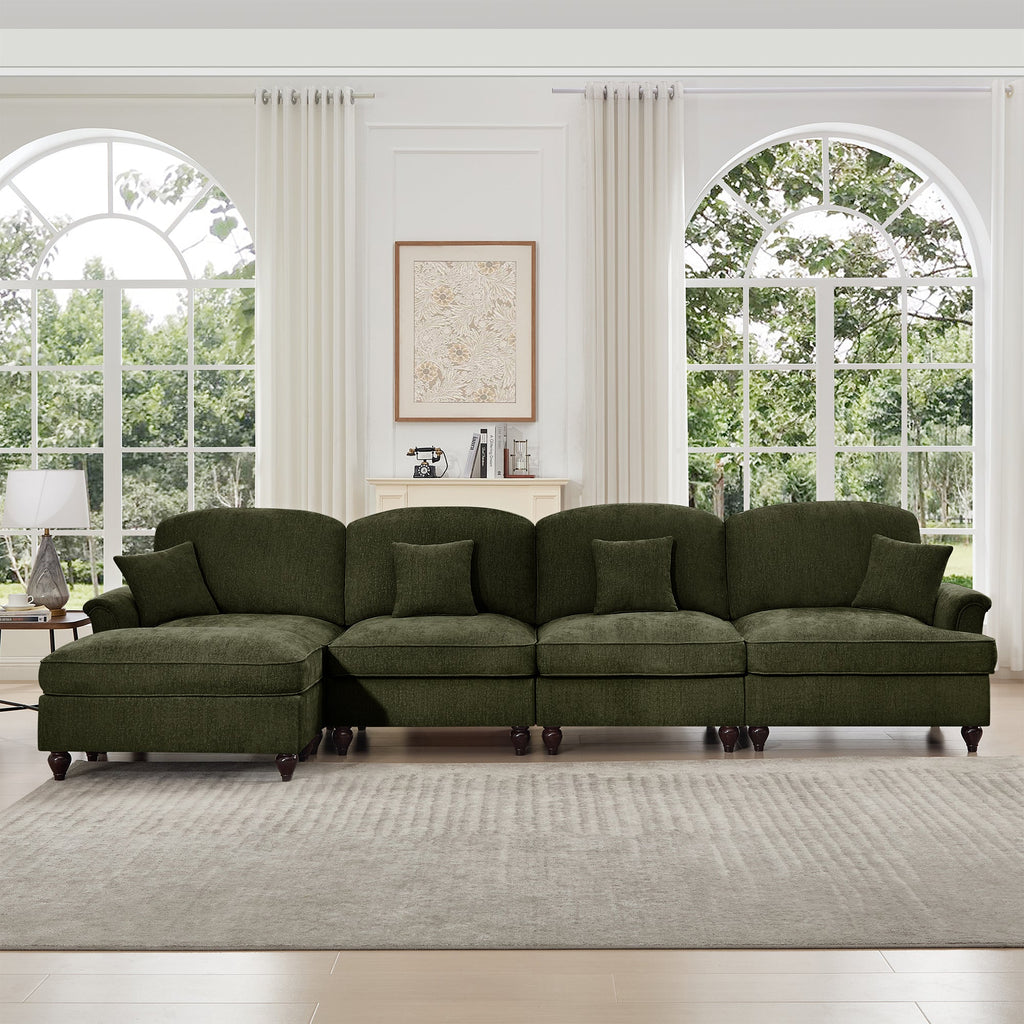 Classic Three Seater Modular L Shaped Sectional Couch with Flared Arms and Removable Ruffles Pleats Skirts and Spindle Legs, Comfy Chenille Four-Seat Deep Seat Sofa with Movable Ottoman, Green