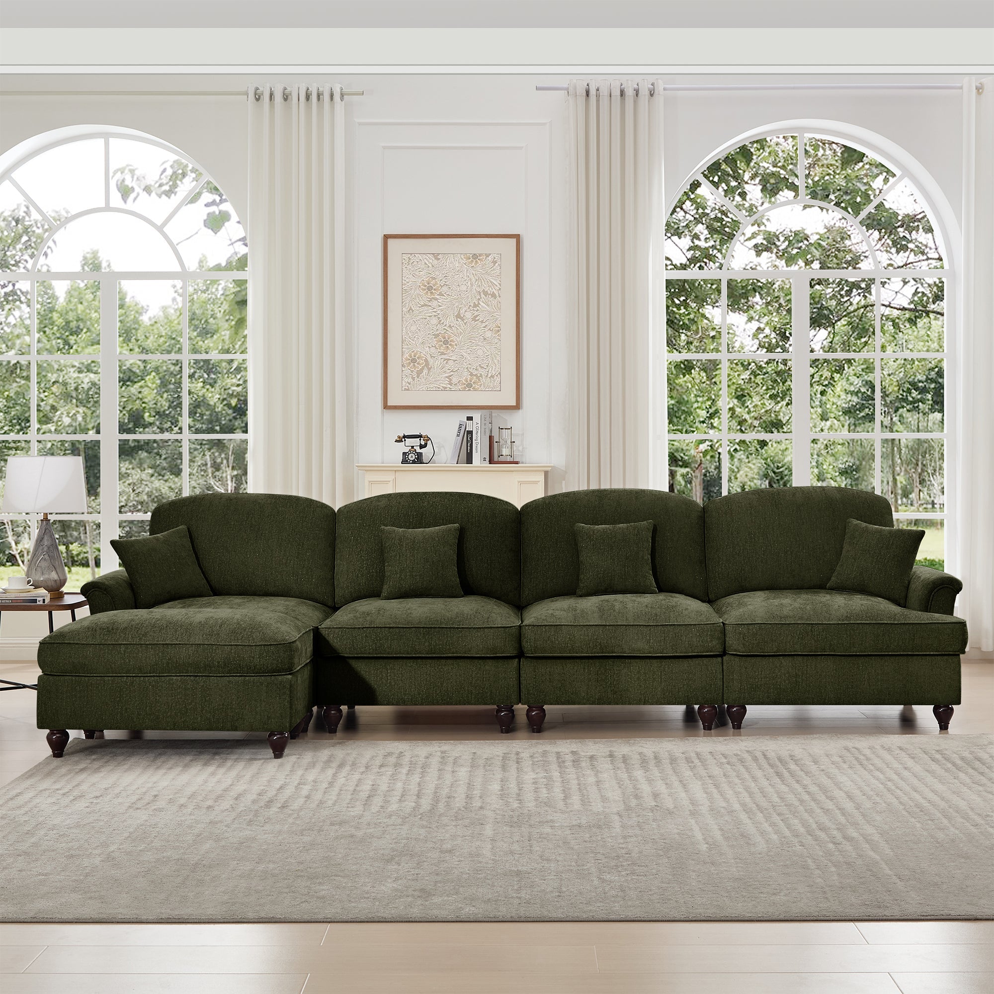 Classic Three Seater Modular L Shaped Sectional Couch with Flared Arms and Removable Ruffles Pleats Skirts and Spindle Legs, Comfy Chenille Four-Seat Deep Seat Sofa with Movable Ottoman, Green