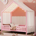 Montessori Floor Bed with Canopy, Twin Bed Frame for Kids, House Shape Kids Bed Frame with High Railings, Wood Kids Bed with Roof, Kid Twin Bed, Pink