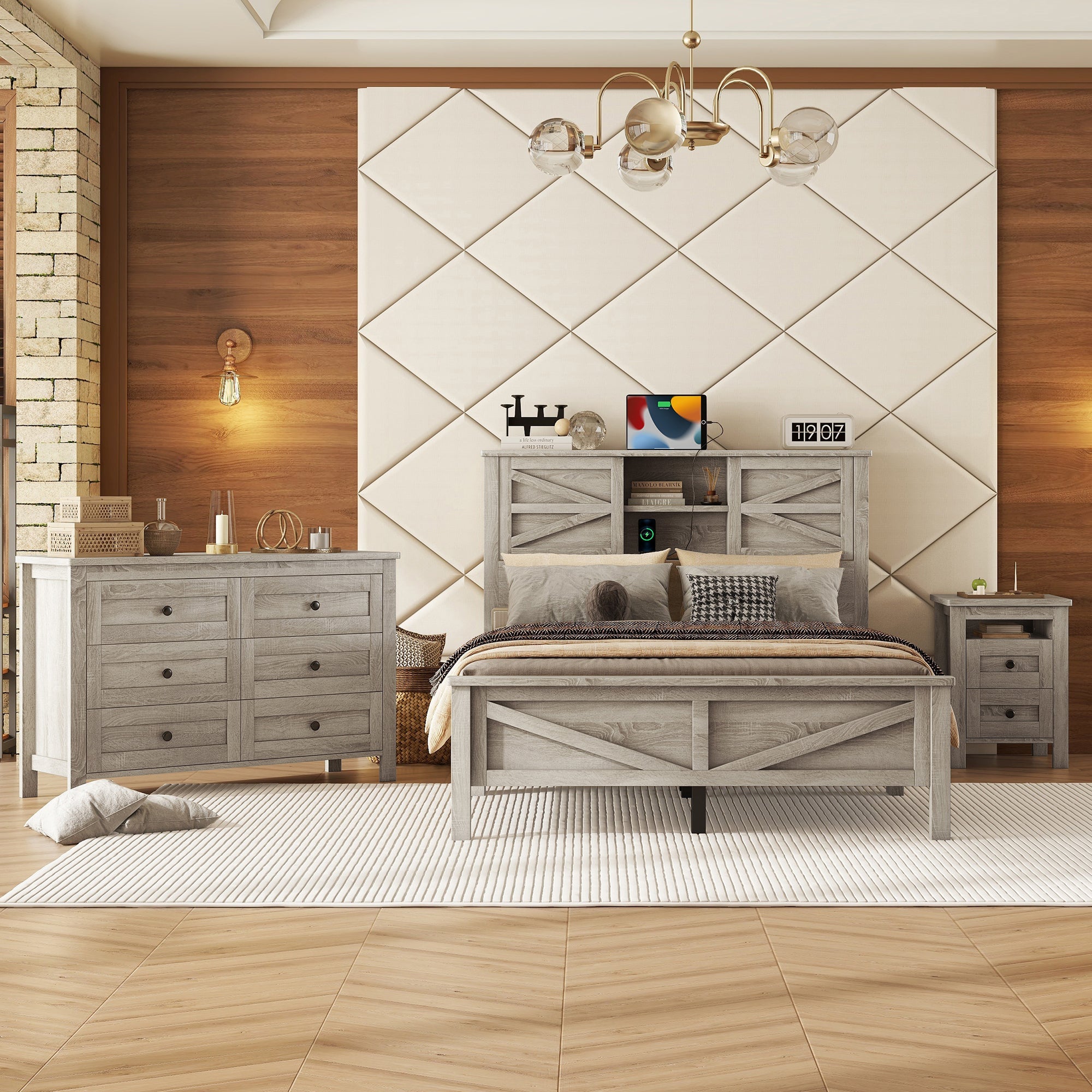 3-Pieces Bedroom Sets Full Size Farmhouse Platform Bed with Double Sliding Door Storage Headboard and Charging Station, Storage Nightstand and Dresser, Antique Gray(Old SKU HL000091AAG)