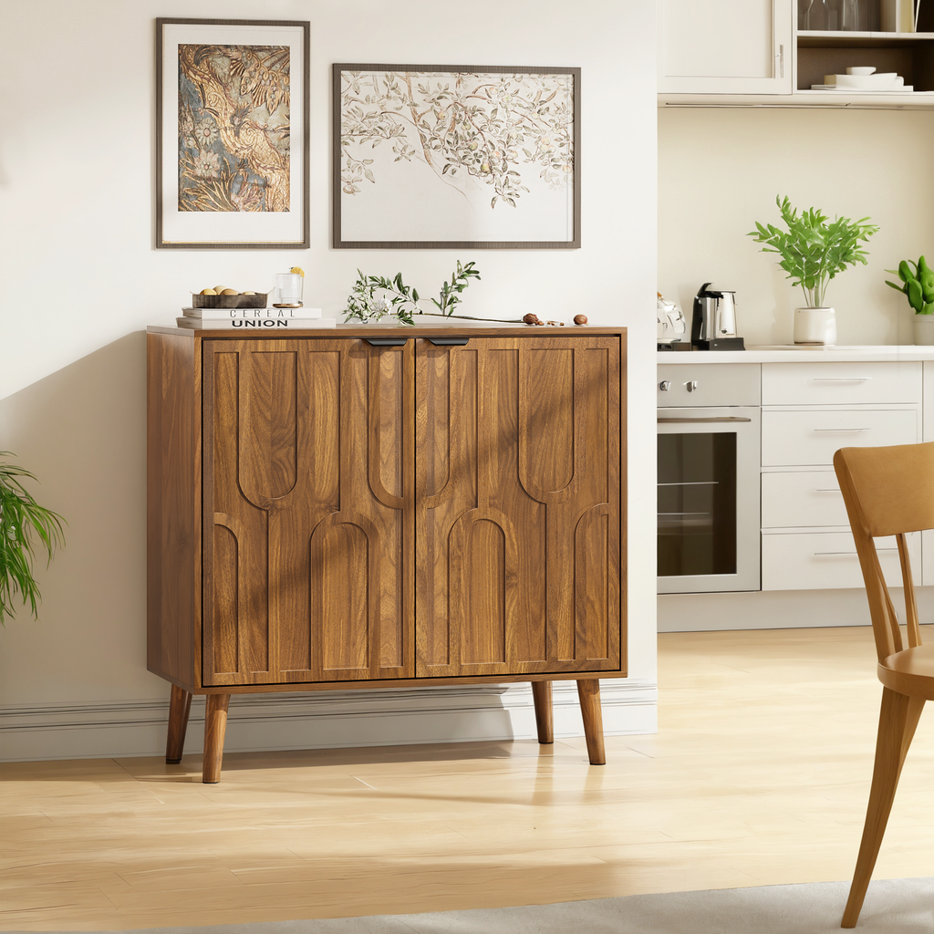 Farmhouse Style Sideboard Buffet Cabinet with Storage, Walnut Wood Coffee Bar Cabinet, 31.5' W