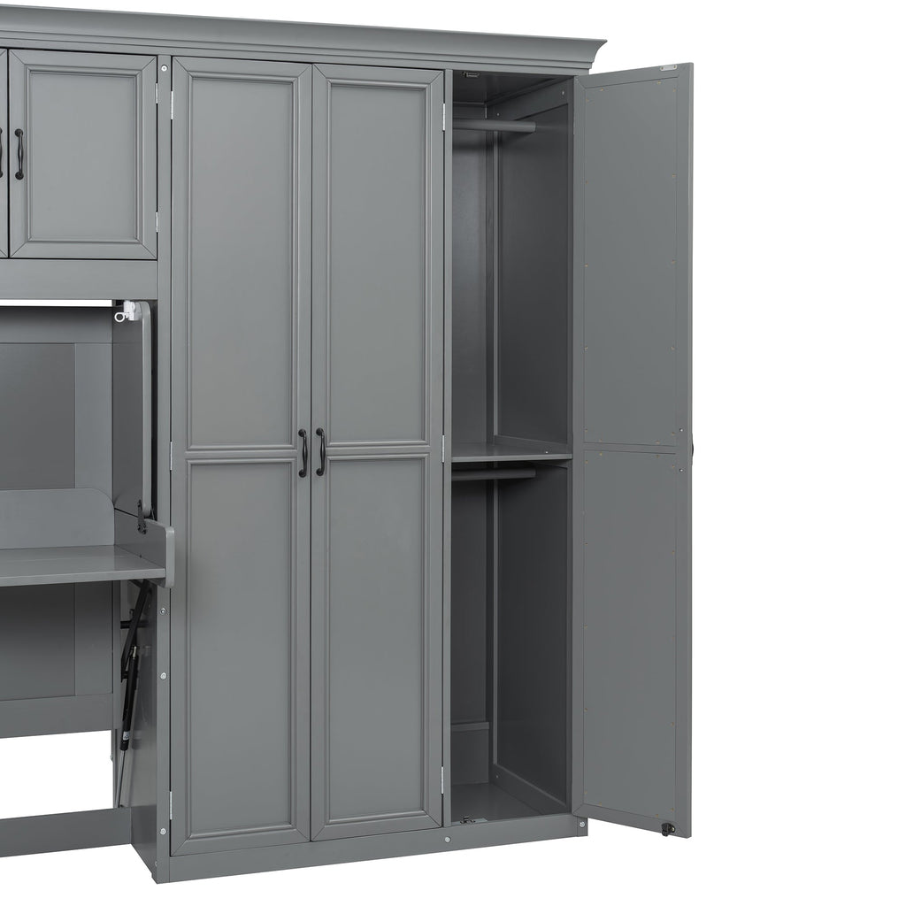 Twin Size Murphy Bed Wall Bed with Wardrobe, Cabinet and Desk, Gray