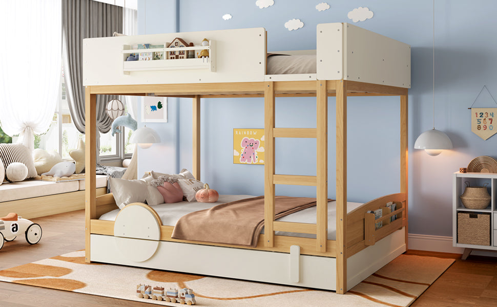 Queen Bunk Bed with Trundle , Wood Bunk Bed Frame with Built-in Bookshelf and High-quality Safety Guardrail,Automobile Form Design for Kids,Natural＆Beige