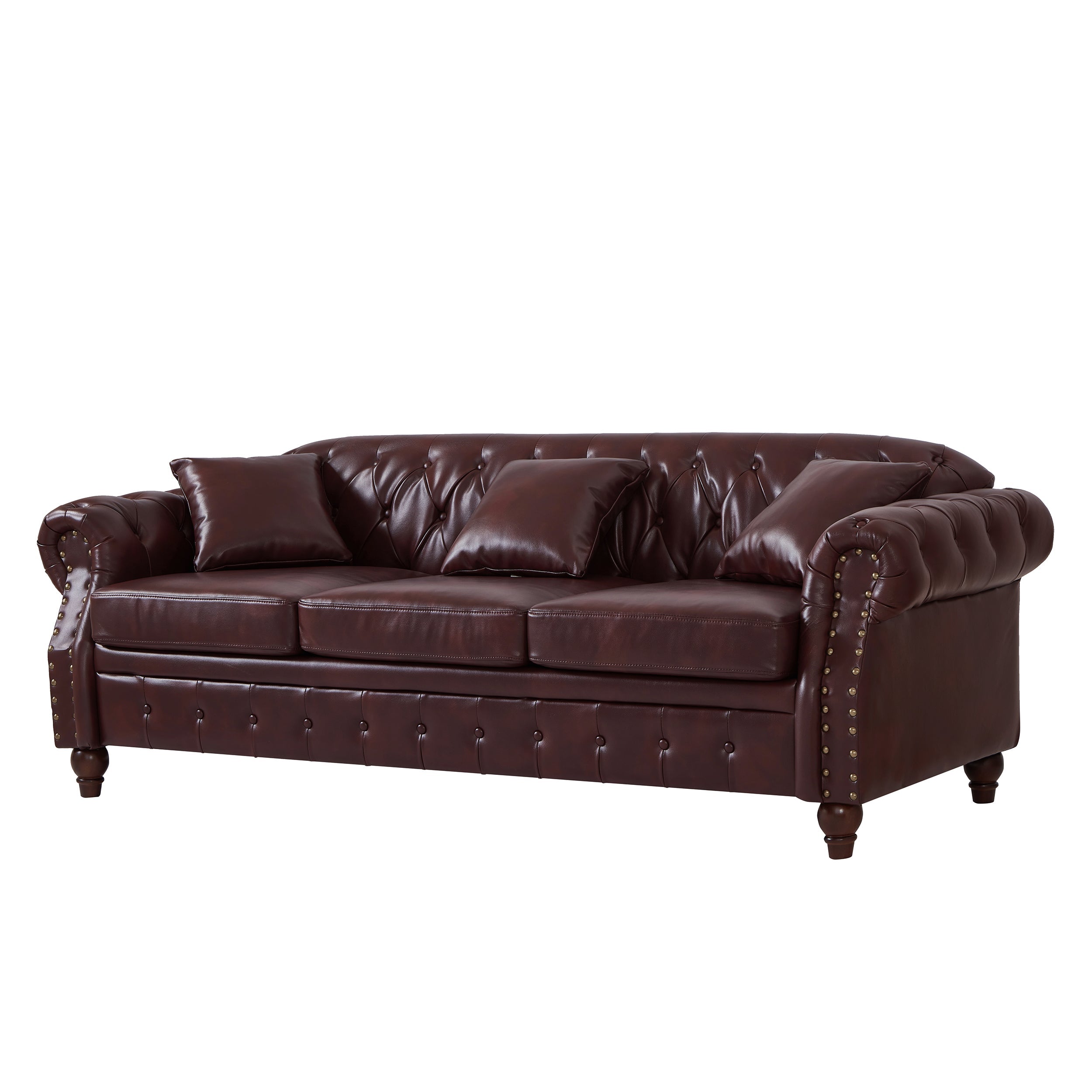 85.8' Living Room Chesterfield Sofa Classic Tufted Design Faux Leather PU Upholstered Sofa with Storage (Burgundy)
