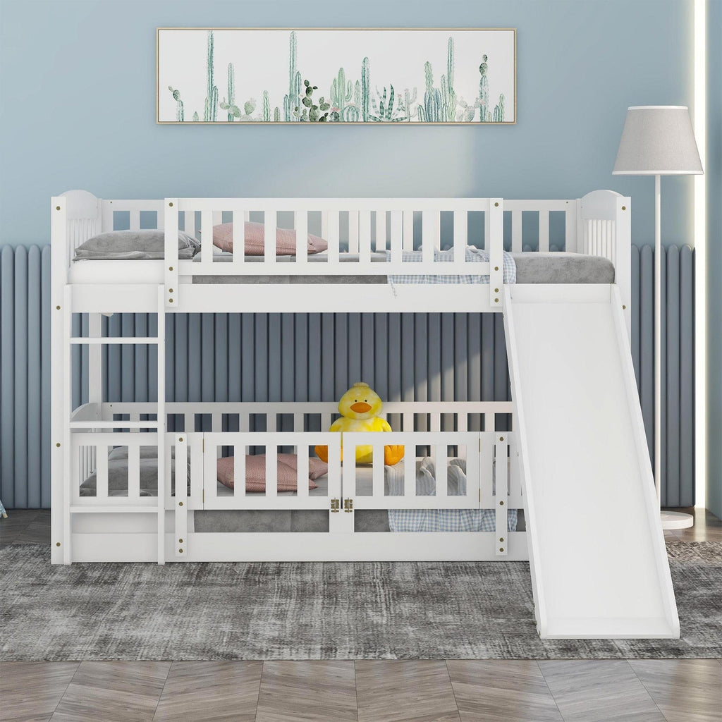 Bunk Bed with Slide,Twin Over Twin Low Bunk Bed with Fence and Ladder for  Kids Teens White
