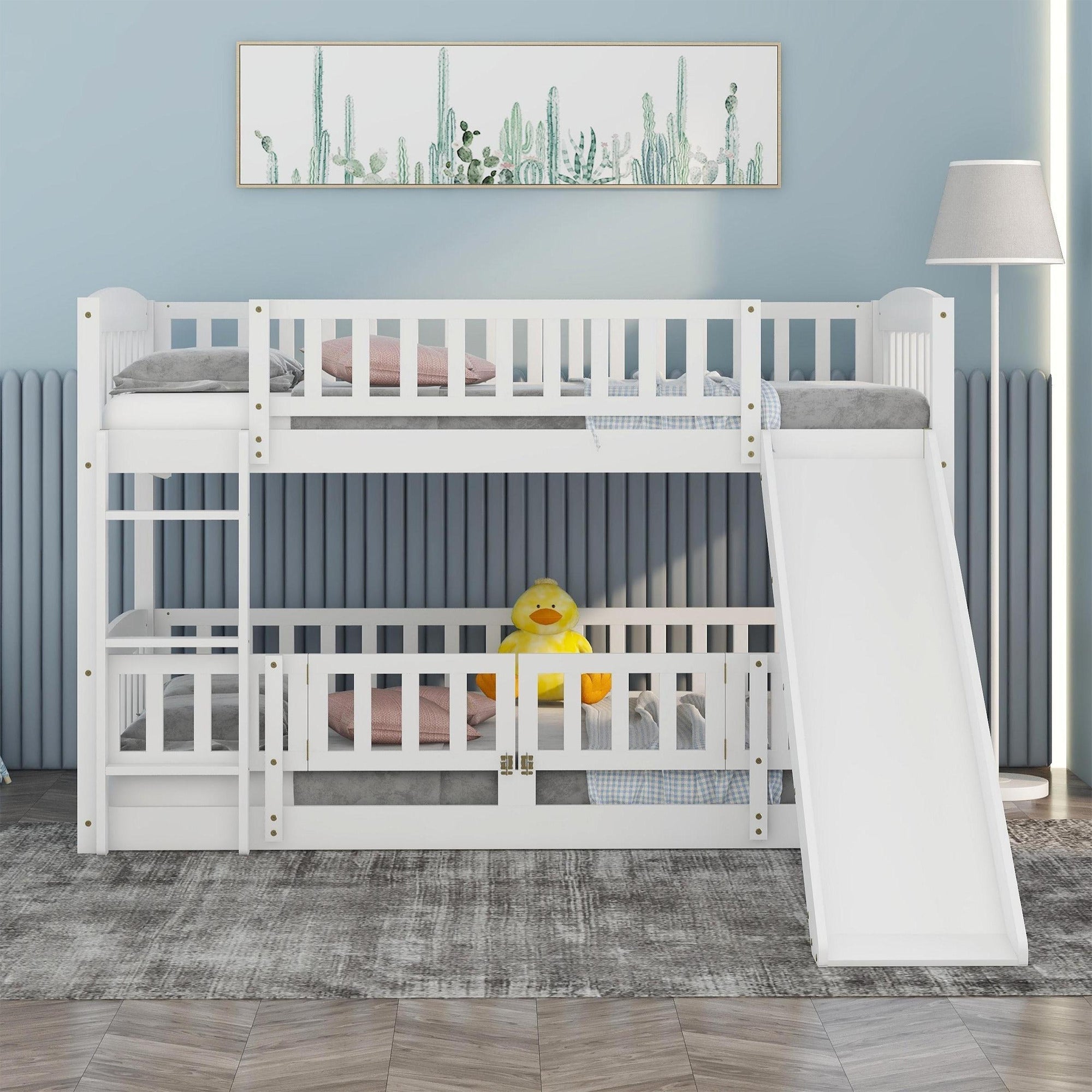 Bunk Bed with Slide,Twin Over Twin Low Bunk Bed with Fence and Ladder for  Kids Teens White