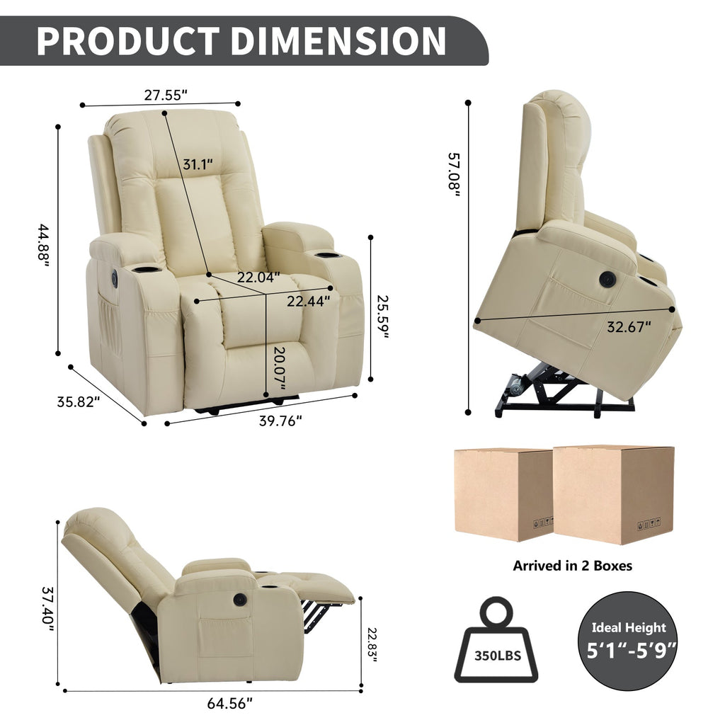 Beige PU Infinite Position Up to 350 LBS Power Lift Recliner Chair for Elderly, Heavy Duty Motion Mechanism with 8-Point Vibration Massage and Lumbar Heating, USB Charging Port, Cup Holders