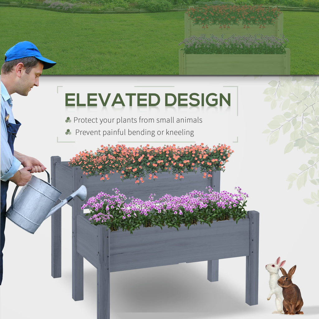Outsunny 34'x34'x28' Raised Garden Bed, 2-Tier Elevated Wood Planter Box for Backyard, Patio to Grow Vegetables, Herbs, and Flowers, Gray
