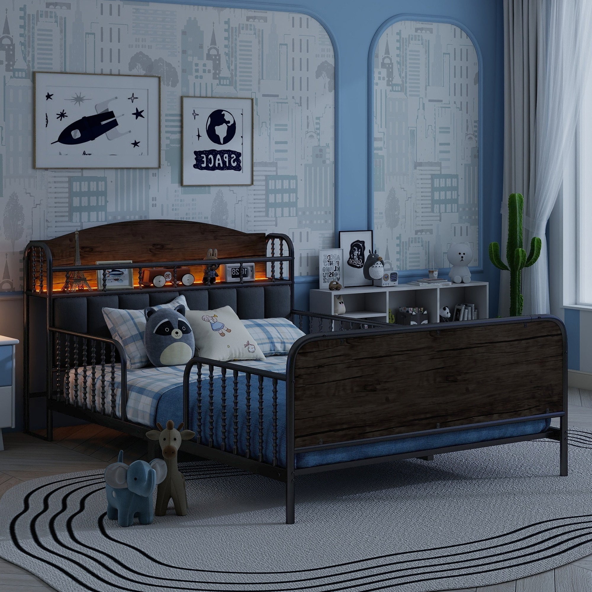 Full Size Metal Platform Bed Frame with Light, Kids Full Metal Bed with Upholstered and Storage Headboard, Black (Expect Arrival Date 2025/10/5)