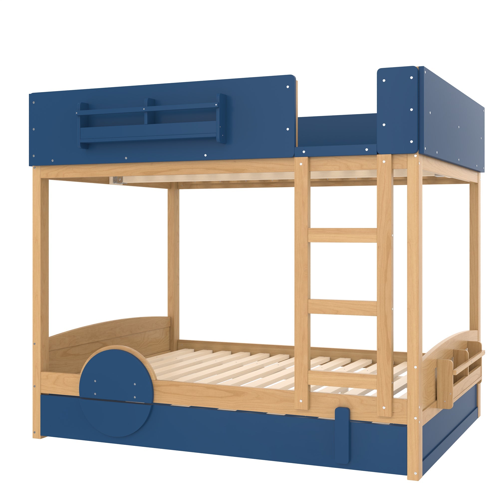 Full Bunk Bed with Trundle , Wood Bunk Bed Frame with Built-inBookshelf and High-quality Safety Guardrail,Automobile Form Design for Kids ,Blue＆Natural.