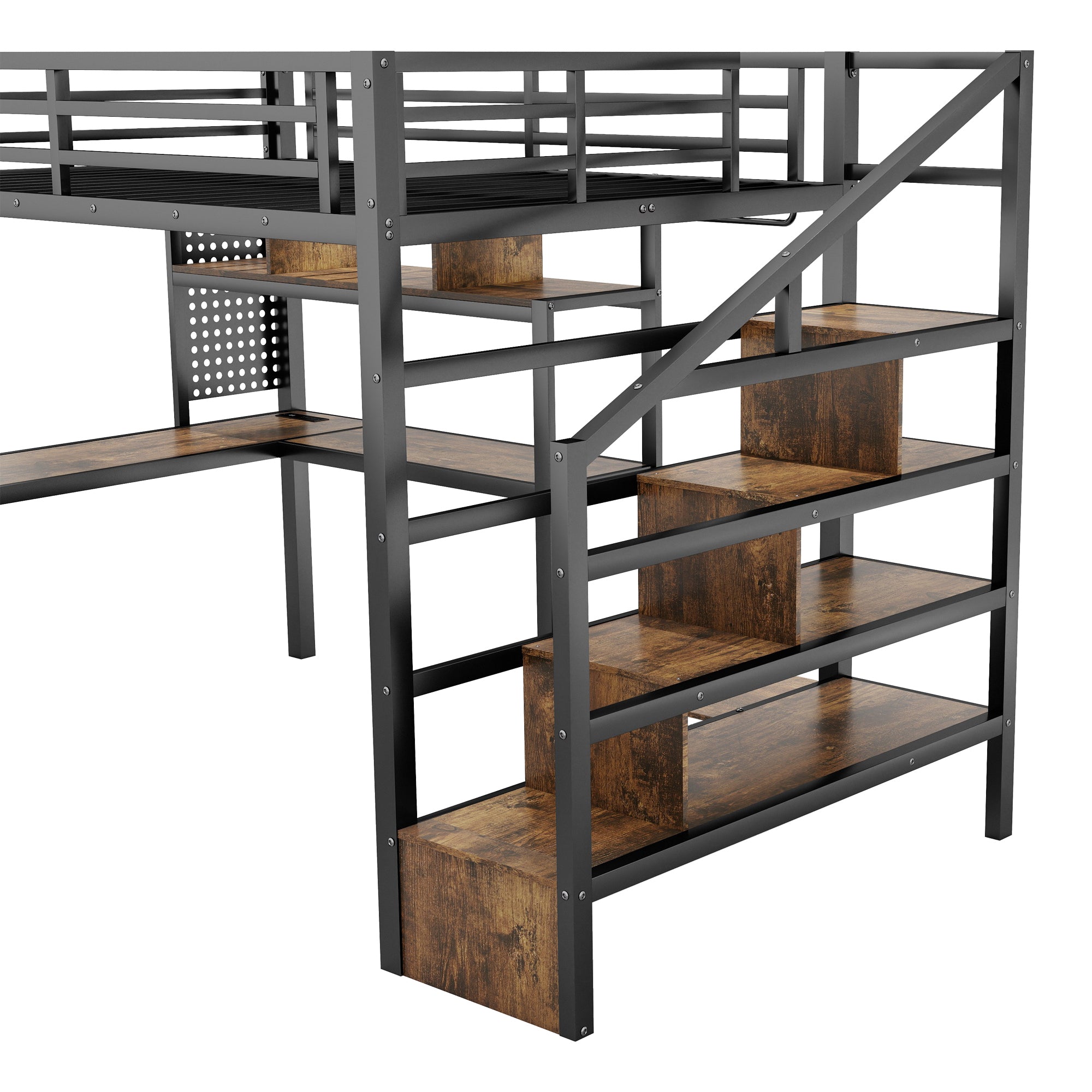 Full Size Loft Bed with LED Light & Charge Station, Metal Loft Bed with Desk and Staircase, Loft bed with Wardrobe for Kids, Black (Expect Arrival Date 2025/4/30)