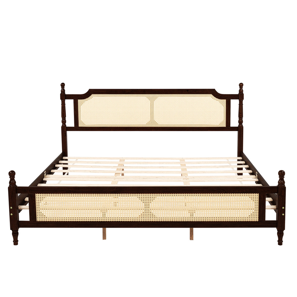 King Pine wooden Bed with Rattan Headboard  and Footboard, with  Central Enhanced Bed Platform ,Espresso