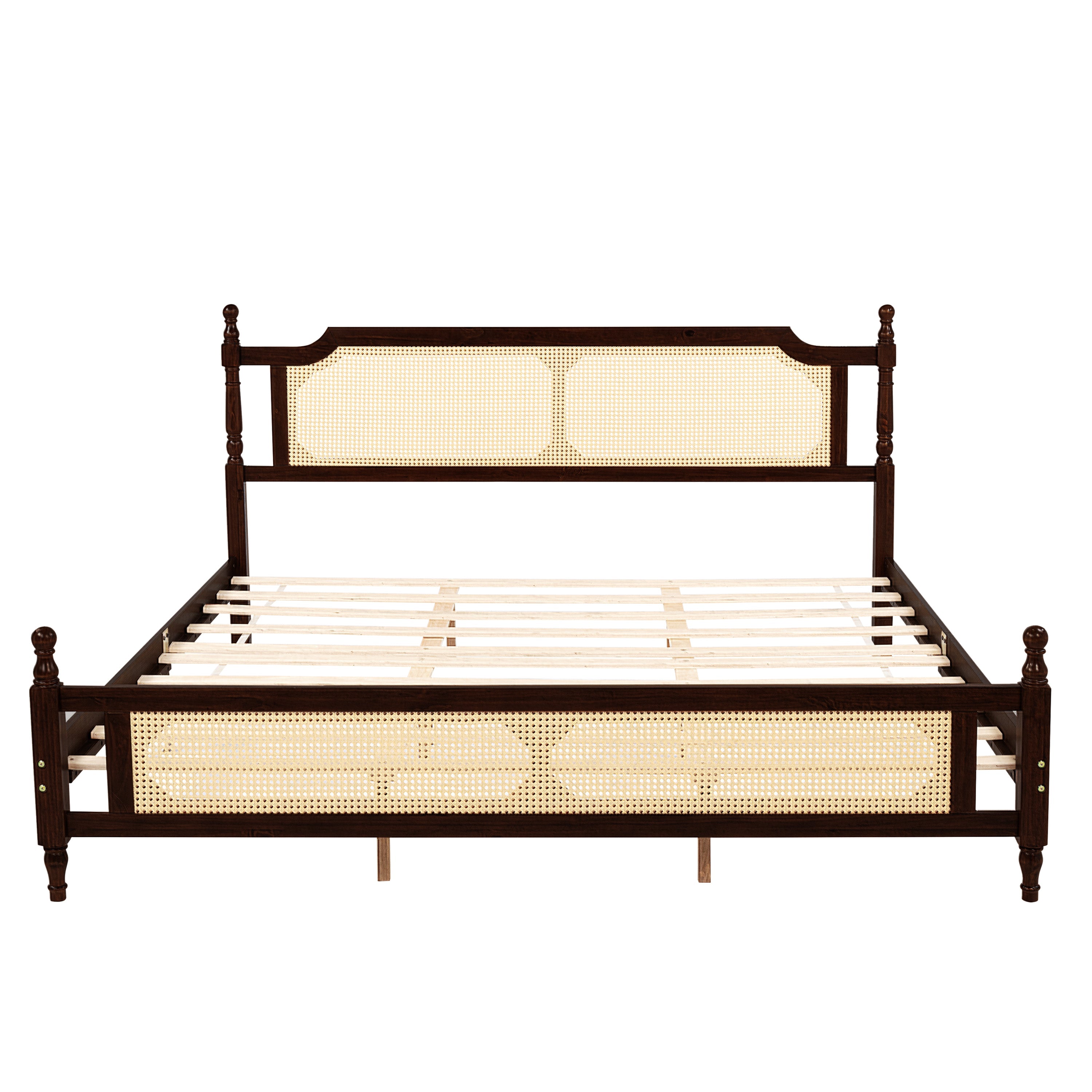 King Pine wooden Bed with Rattan Headboard  and Footboard, with  Central Enhanced Bed Platform ,Espresso
