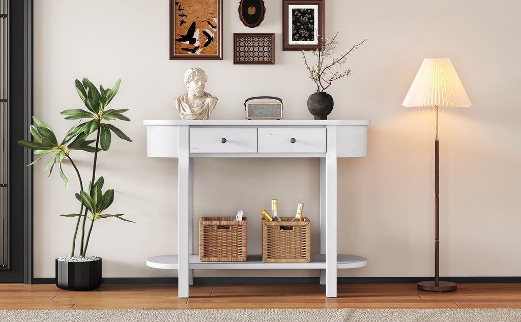TREXM Elegant Retro Console Table with Curved Design and Smooth Glaze for Entryways, Living Rooms and hallways (Antique White)