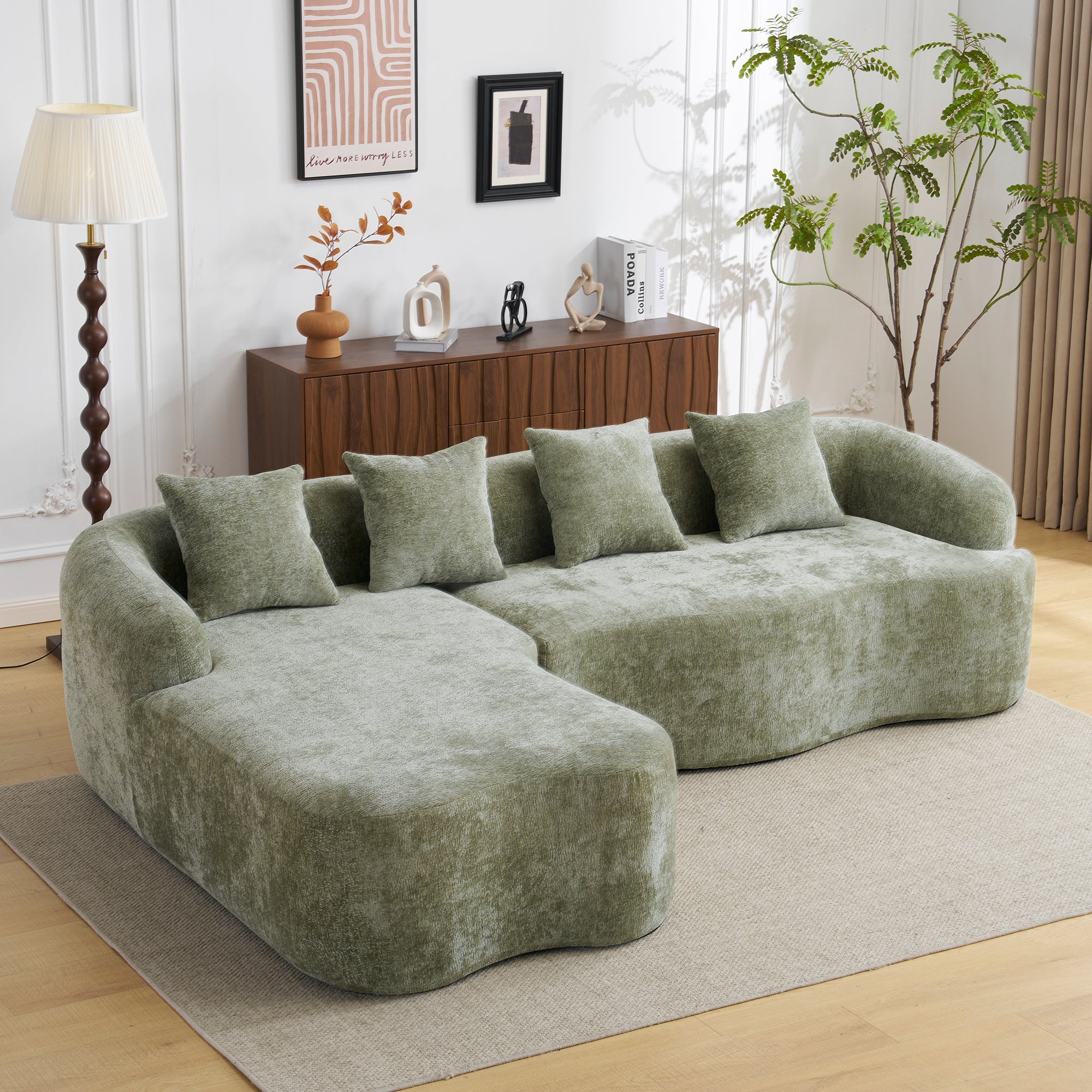 Full Compression L-Shape Sectional Sofa with Curved Chaise, Green Modular Chenille Couch, High-Density for Apartment Living Room