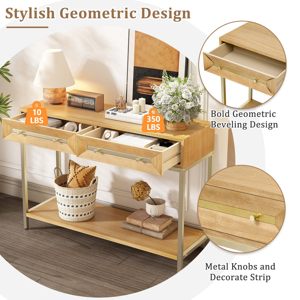 TREXM Entryway Table, Console Table with Two Drawers, Retro Hallway Table with Striking Geometric Design for Entryway and Living Room (Natural)