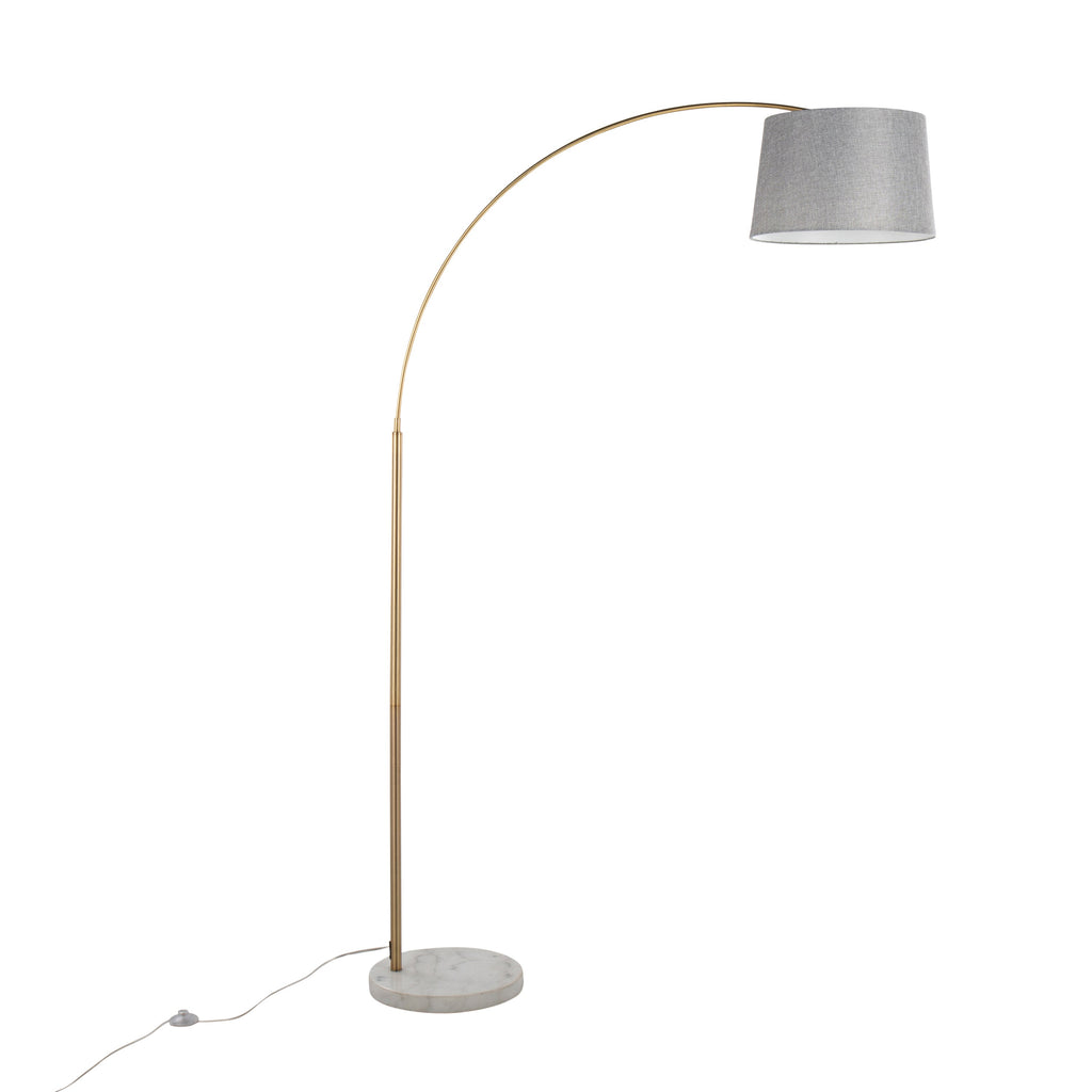 March Contemporary Floor Lamp in White Marble and Antique Brass Metal with Grey Linen Shade by LumiSource