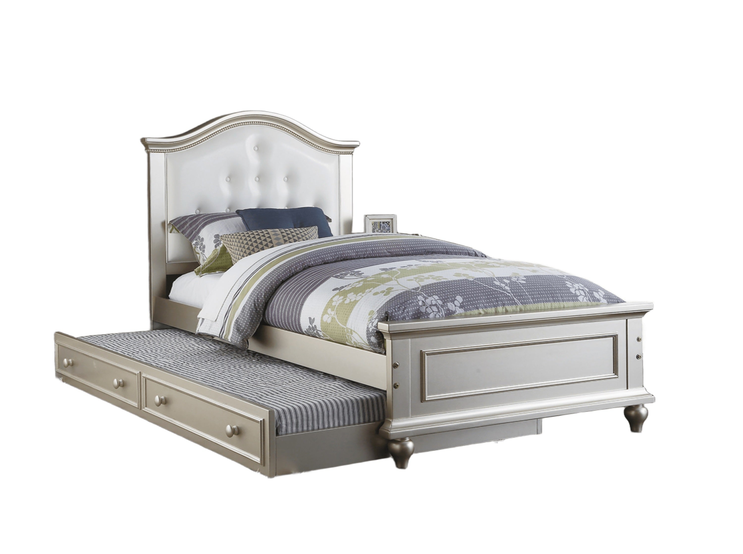 Contemporary Style Silver Twin Size Bed w/ Trundle Slats Pine Plywood Kids Youth Bedroom Furniture White Faux Leather Tufted HB