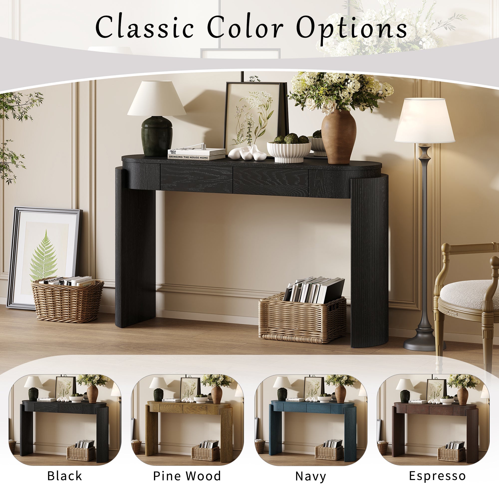 TREXM Entryway Table with Natural Wood Grain Finish, Console Table with Fluted Design, Oval Top and 2 Drawers for Entryway and Living Room (Black)